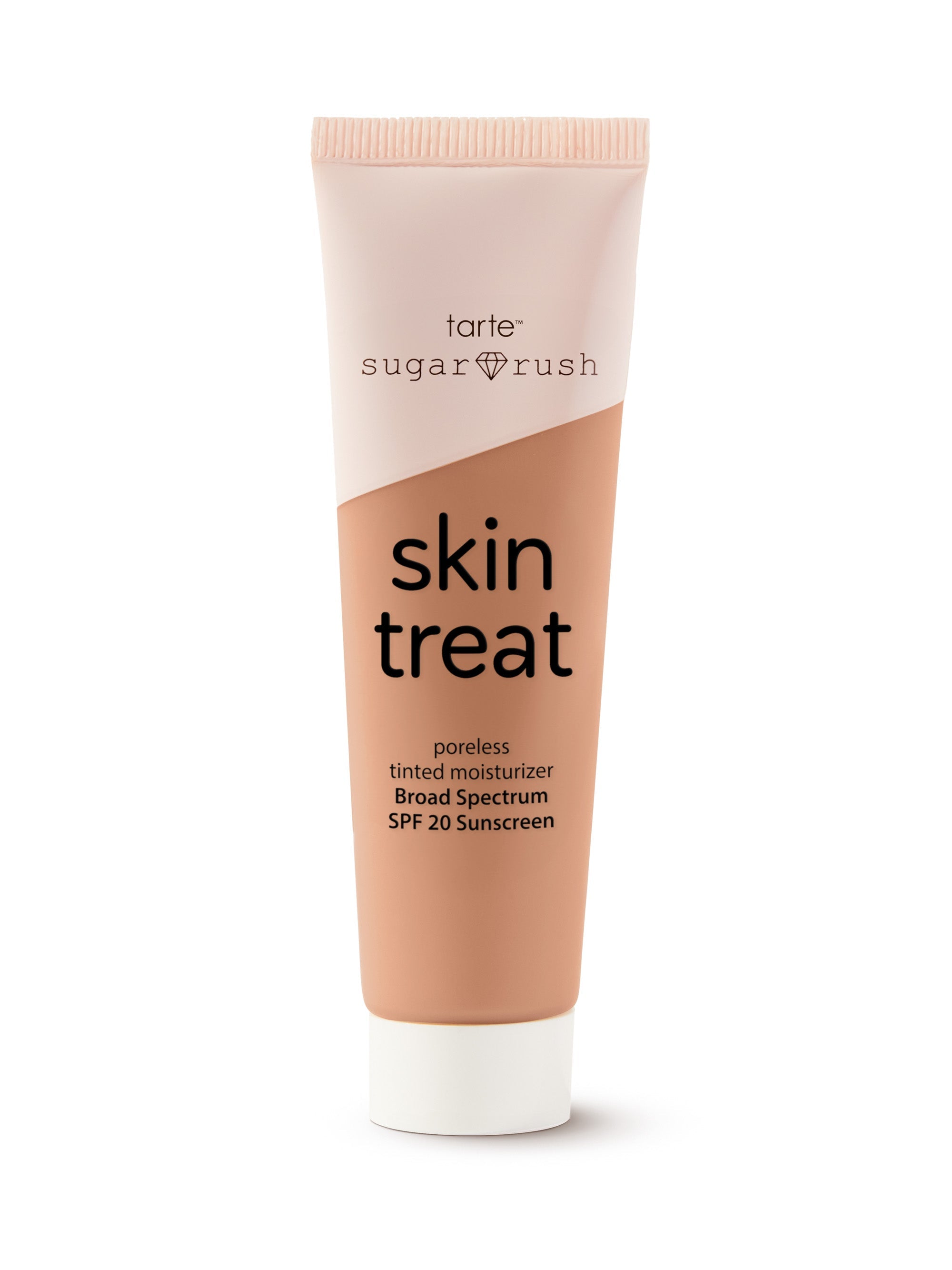 Tube of 'sugar rush' skin treat poreless tinted moisturizer on a white background