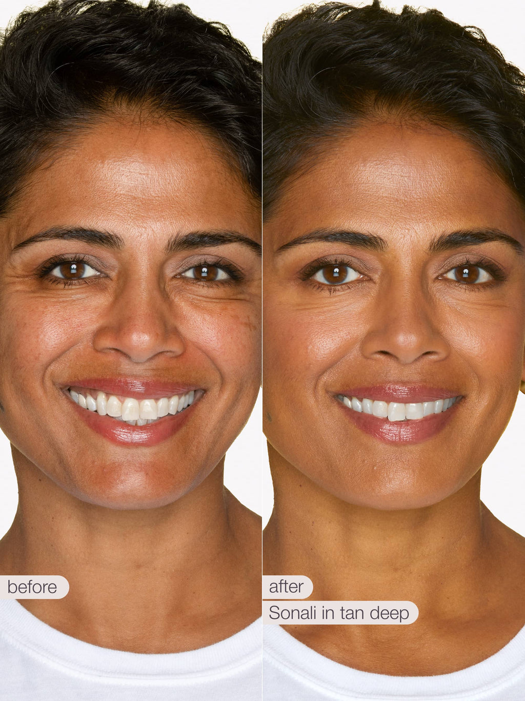Before and after comparison of a woman's face with Sonali in Tan Deep makeup.