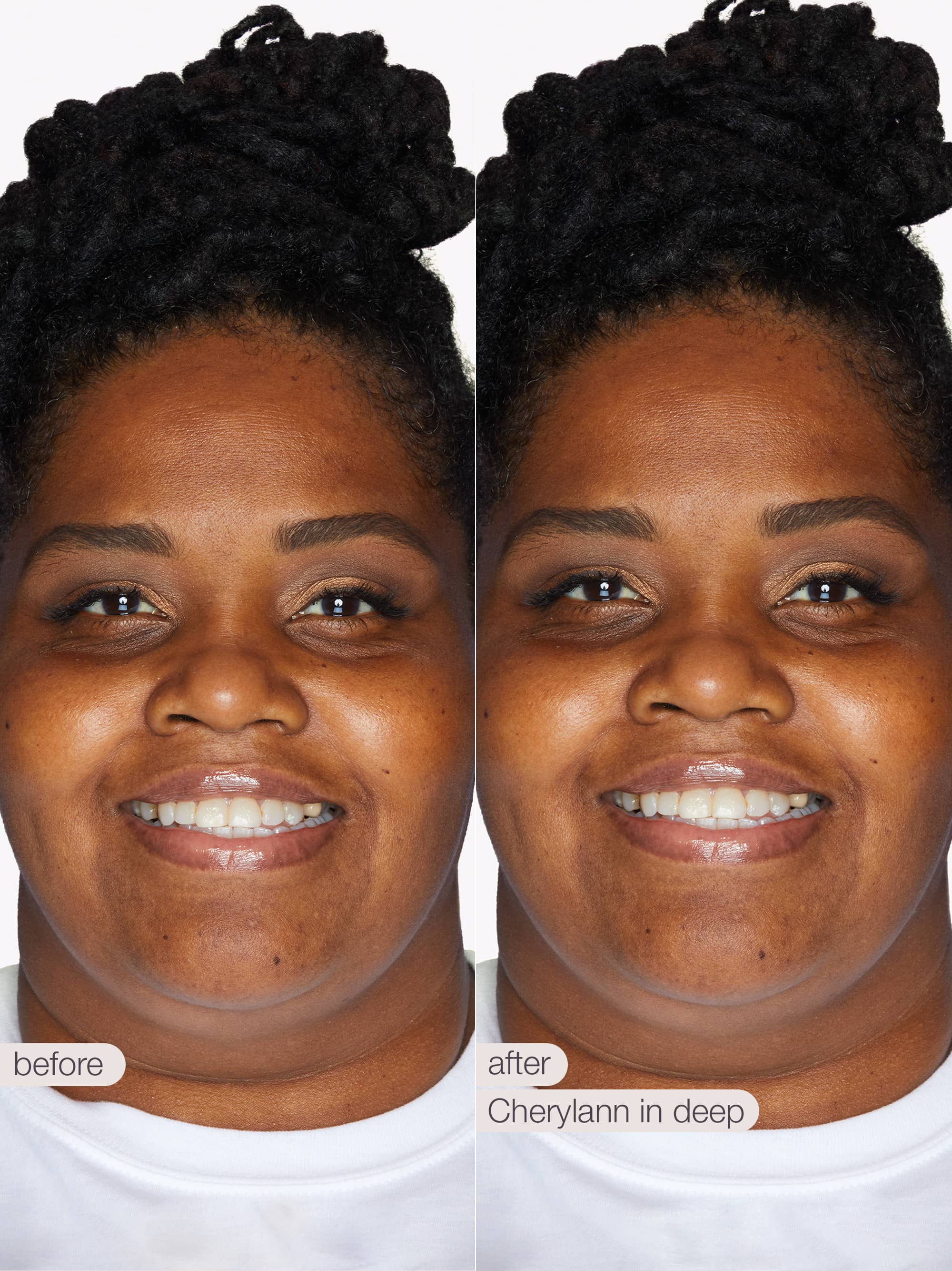 Before and after comparison of a woman's smile with 'Cherylann in deep' product application.