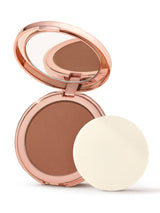 Compact bronzer with rose gold case and white powder puff on a white background