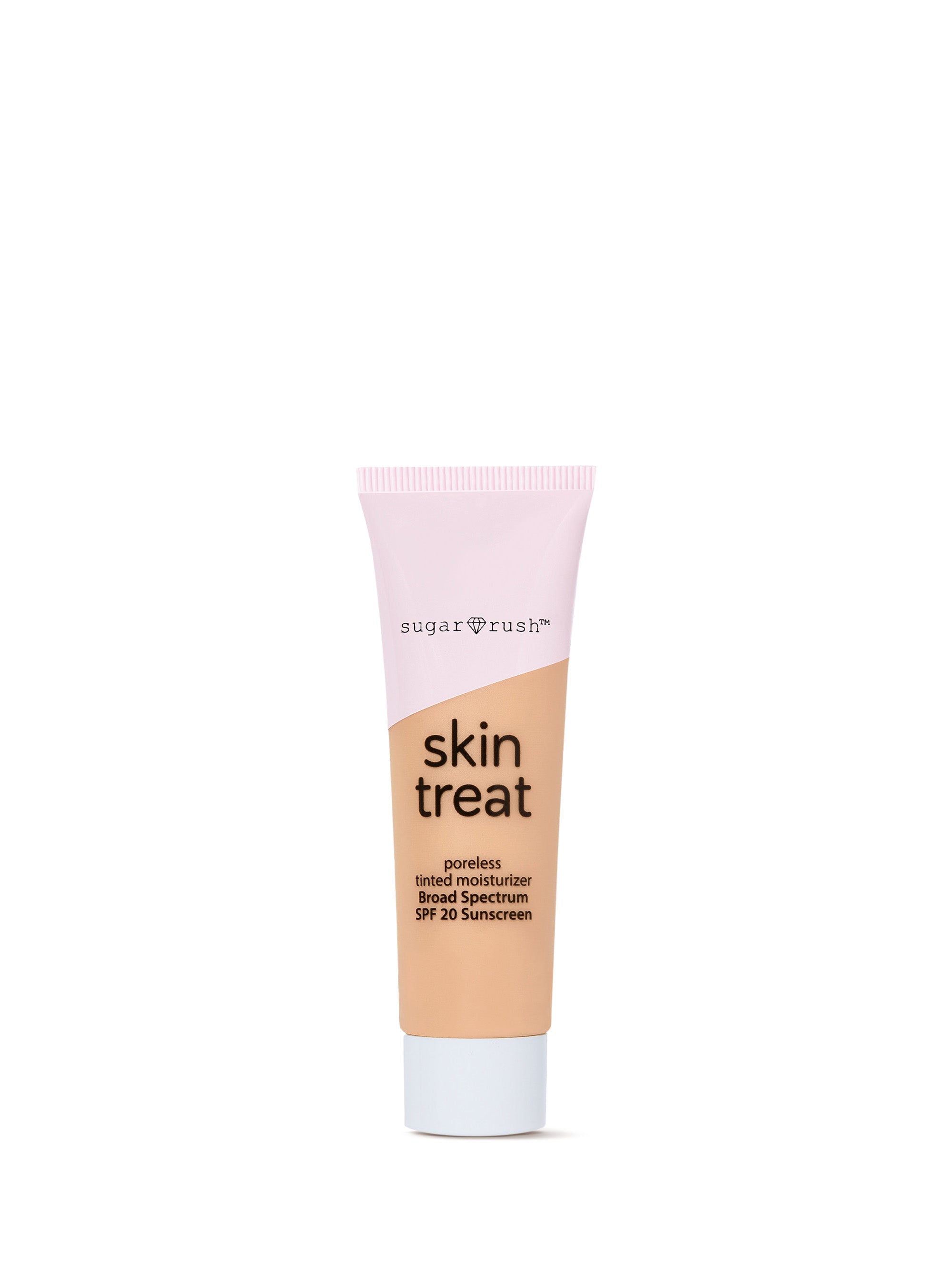 Tube of 'skin treat' sunscreen with pink cap on a white background