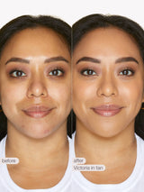 Before and after comparison of a woman's face with 'Victoria in tan' makeup.