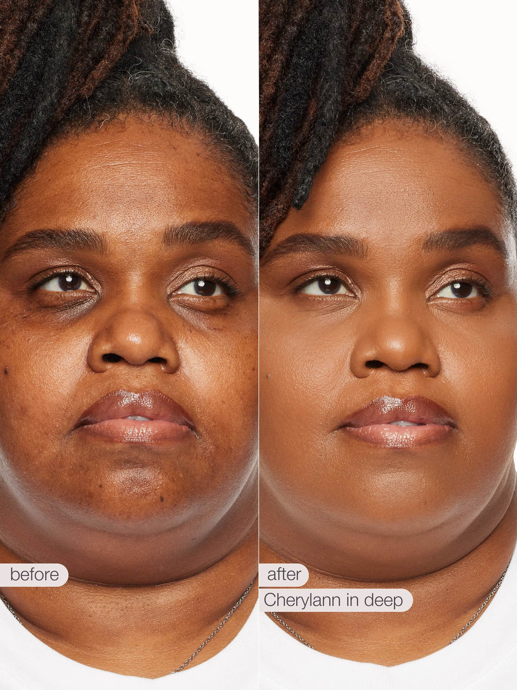 Before and after comparison of a woman's face with 'Cherylann in deep' makeup.