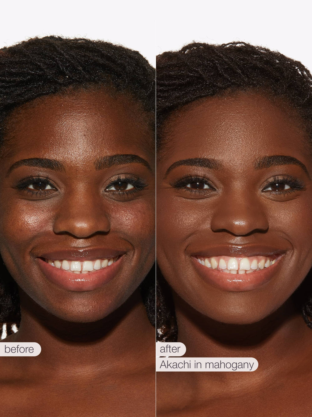 Before and after comparison of a woman's face with text indicating 'before' and 'after' and product name.