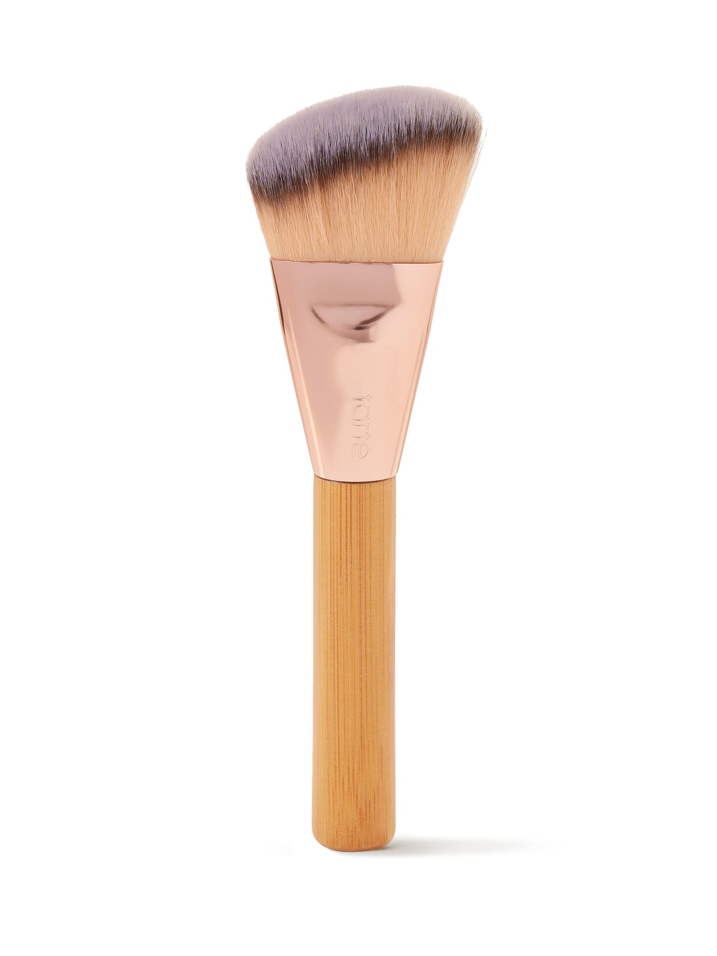 Makeup brush with wooden handle and gray bristles on a white background