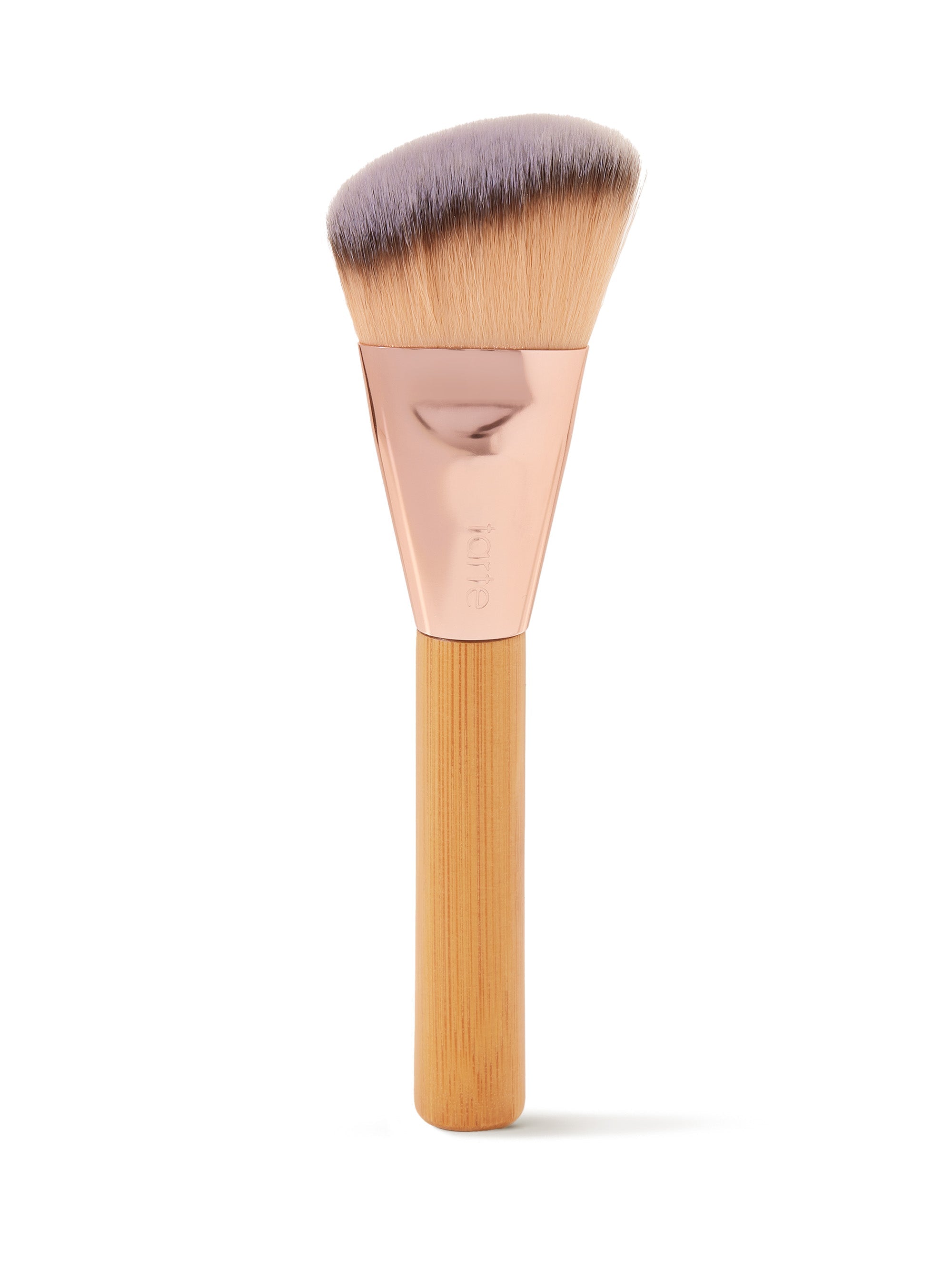 Makeup brush with wooden handle and gray bristles on a white background