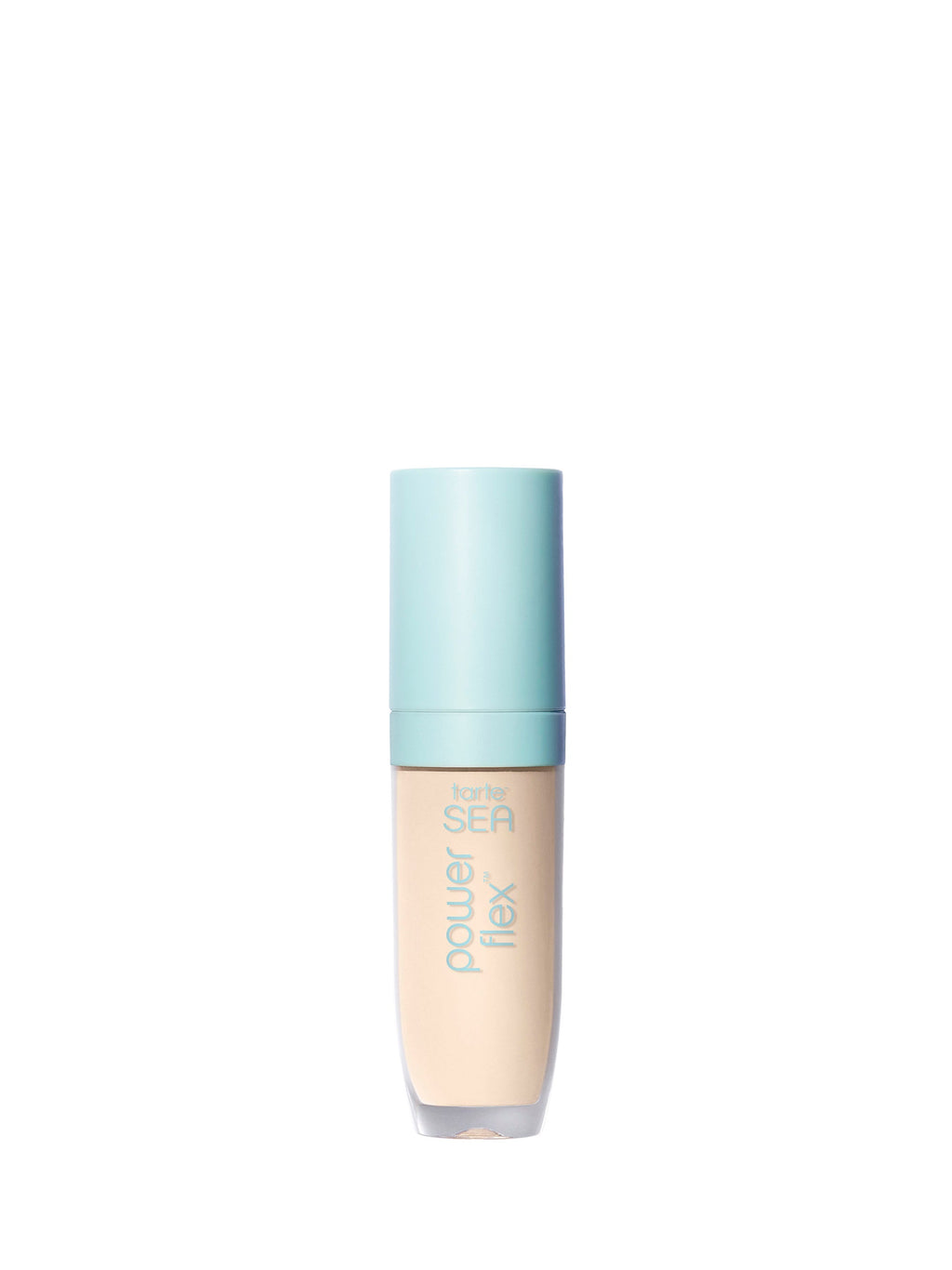 Foundation bottle with blue cap and beige body on a white background
