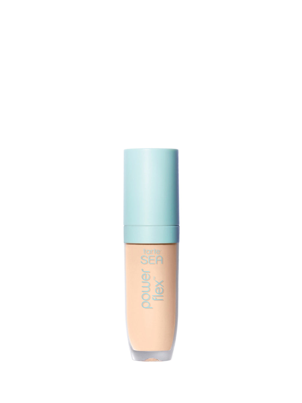 Foundation bottle with blue cap on a white background