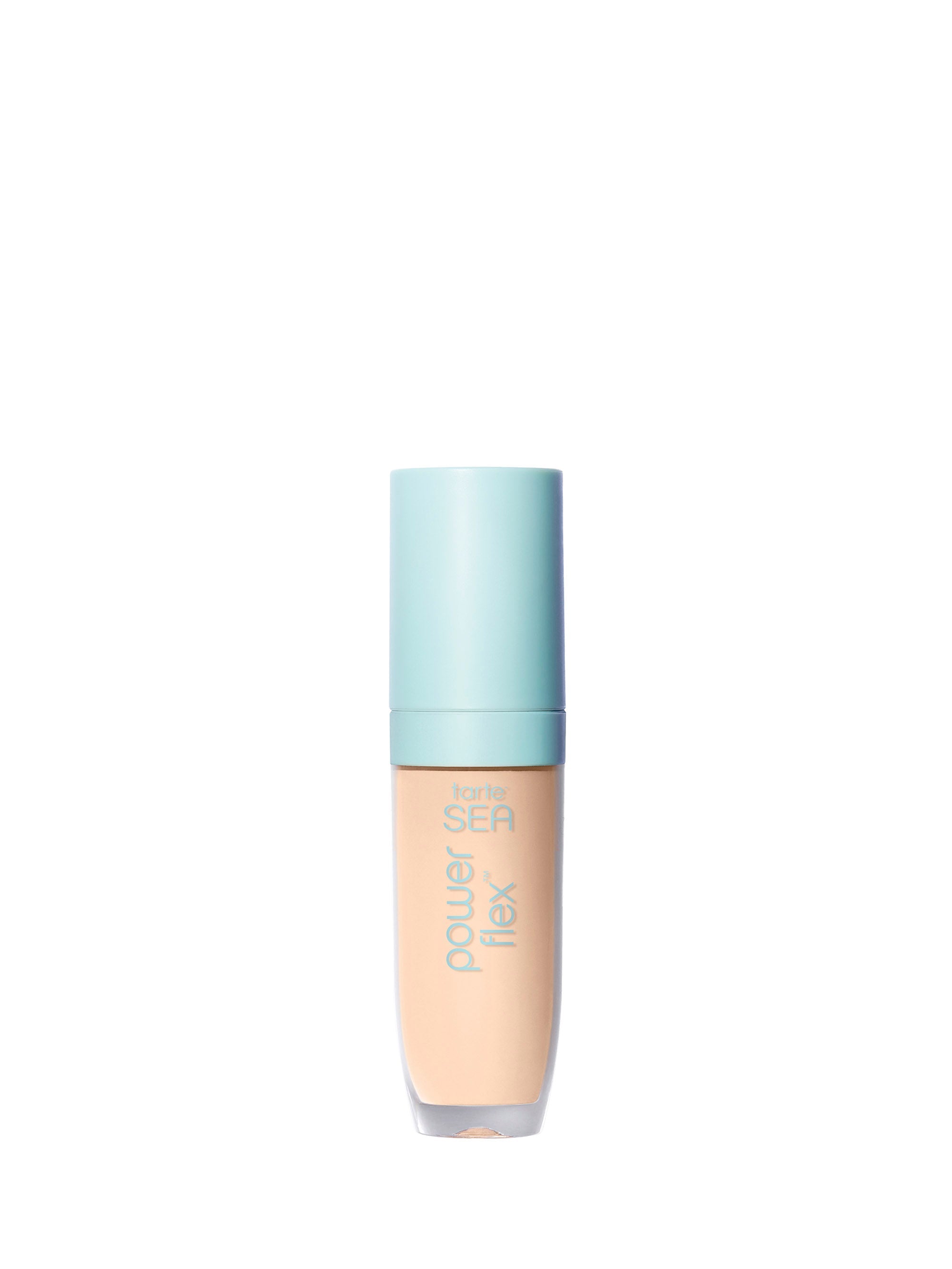 Foundation bottle with blue cap on a white background