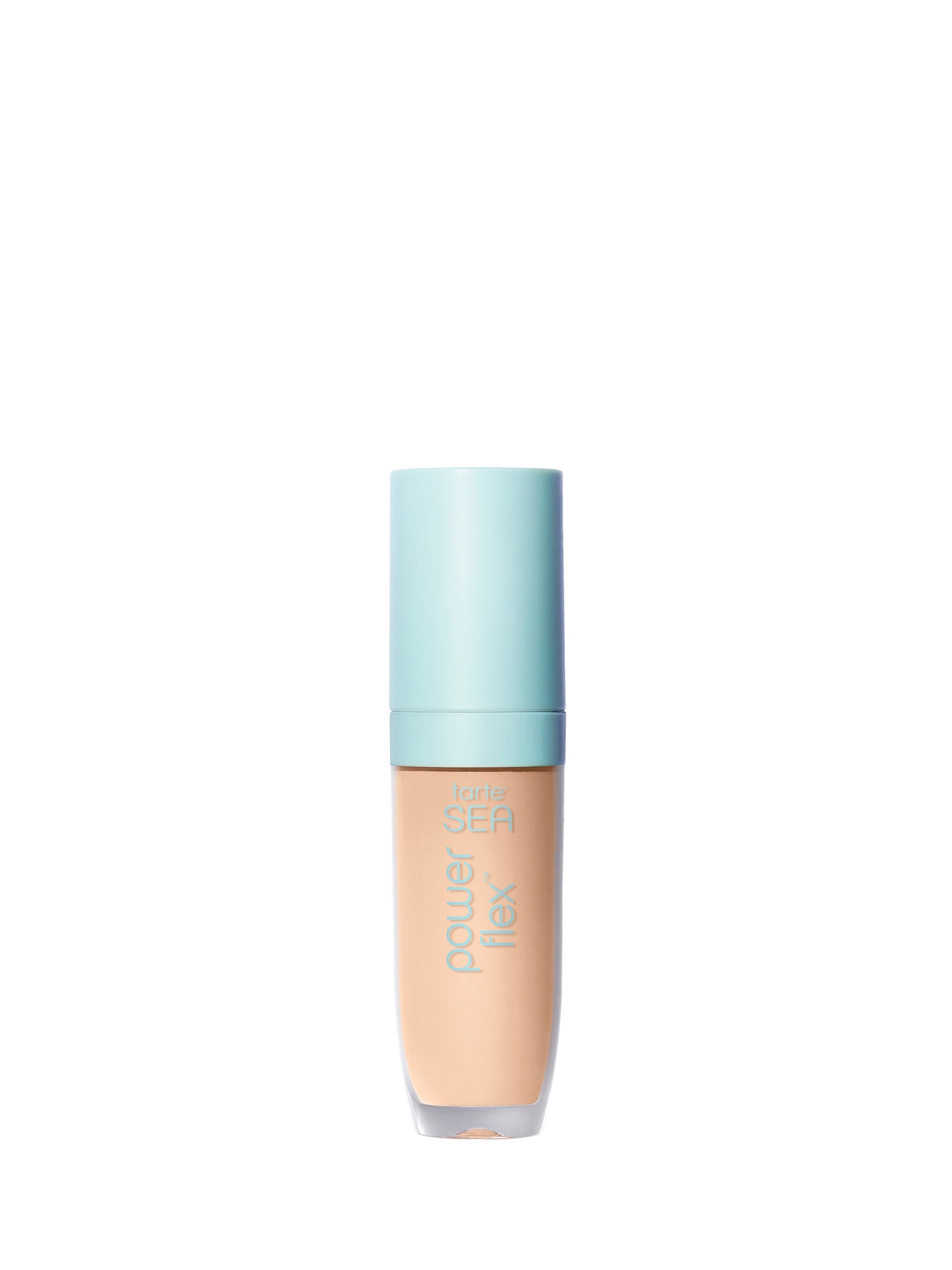 Foundation bottle with blue cap on a white background