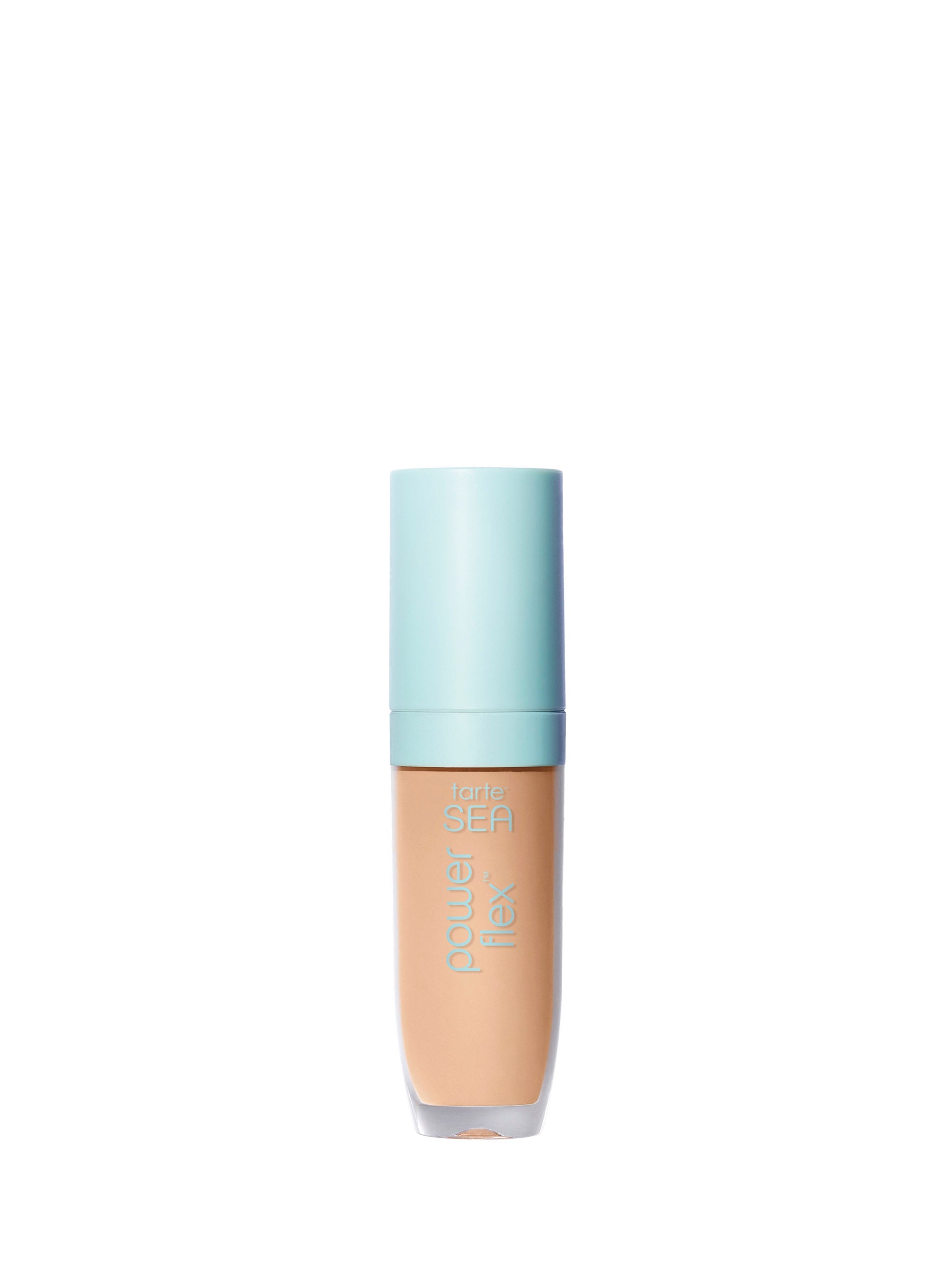 Foundation bottle with light blue cap on a white background
