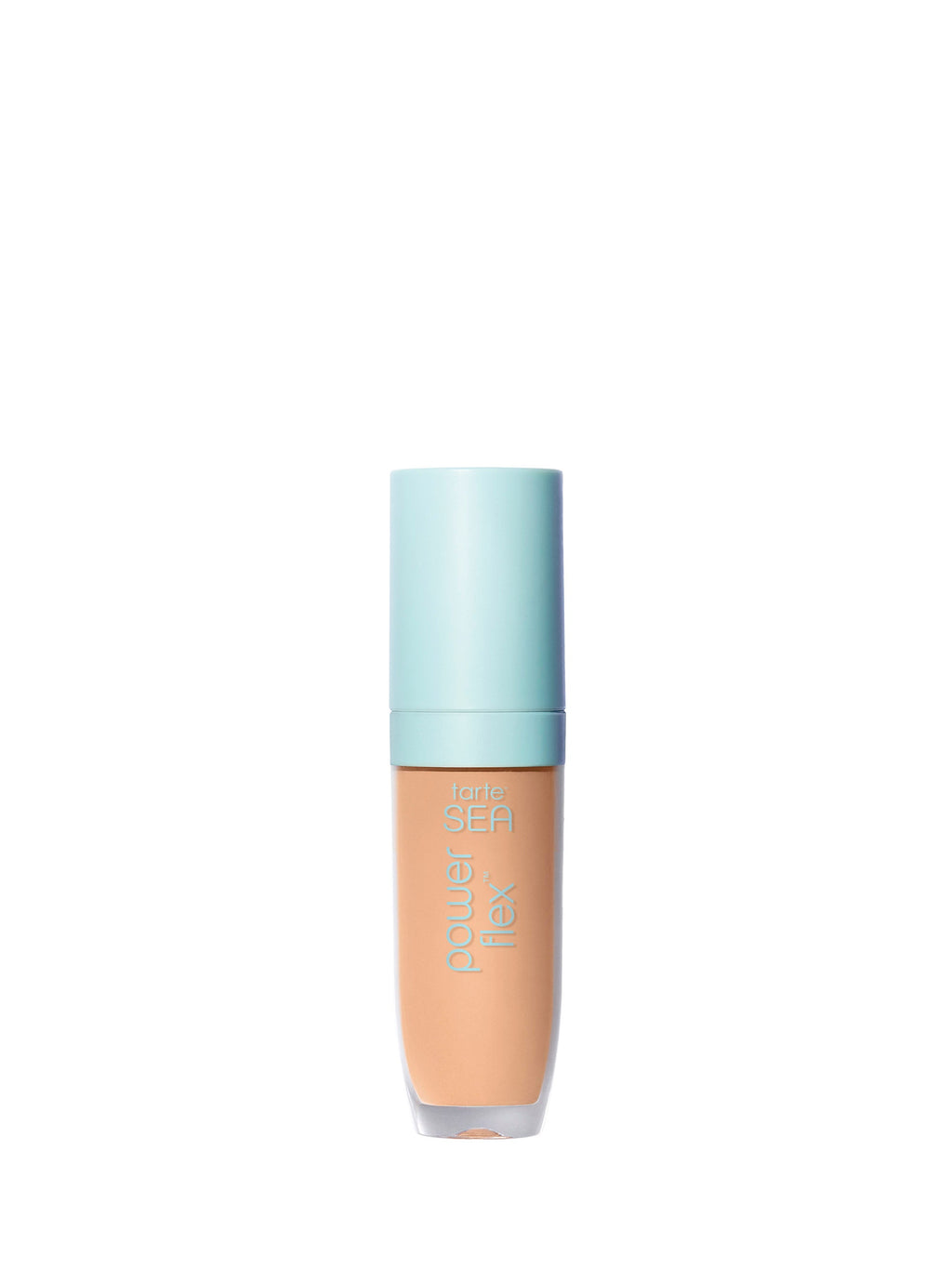 Foundation bottle with light blue cap on a white background