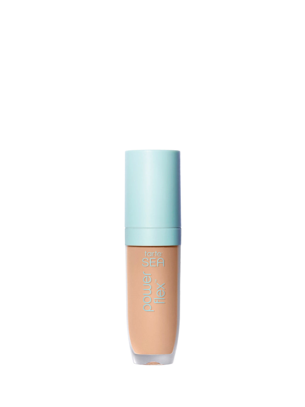 Foundation bottle with light blue cap on a white background