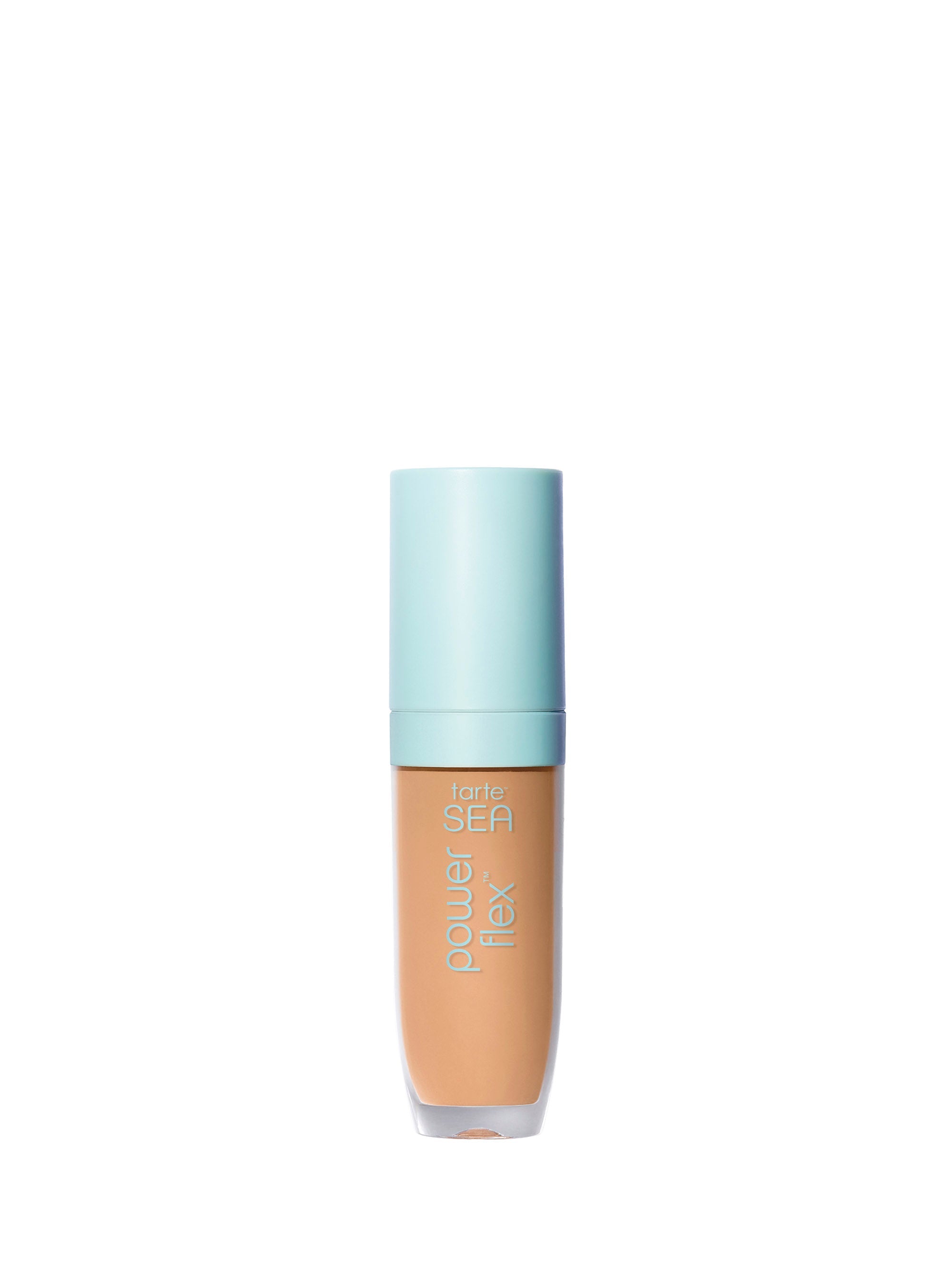 Foundation bottle with light blue cap and beige body on a white background