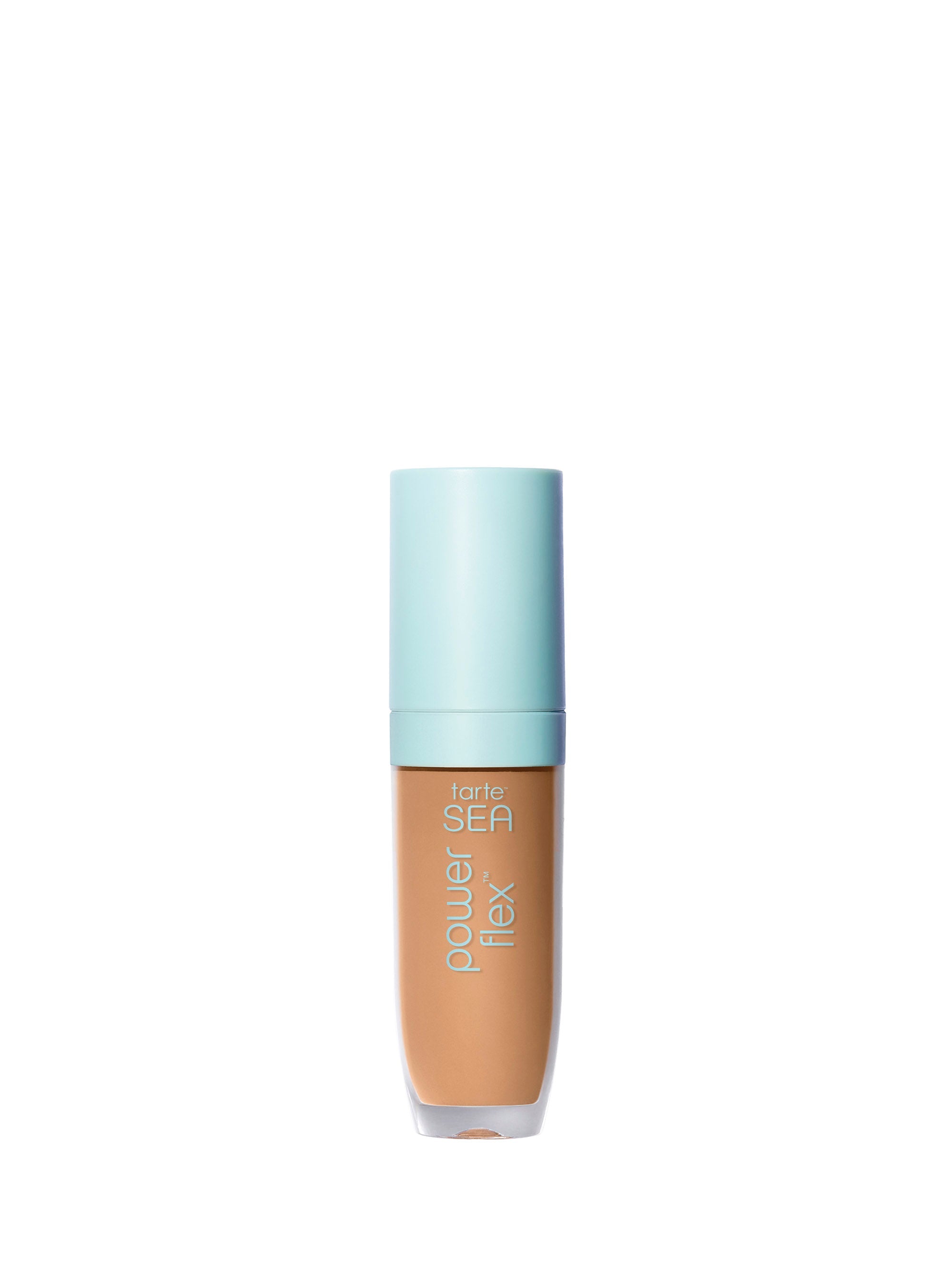 Foundation bottle with a light blue cap on a white background
