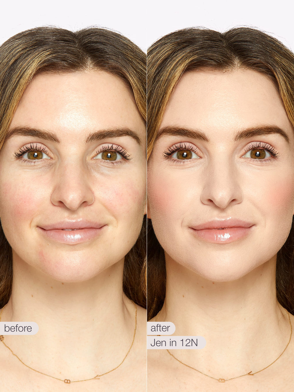 Before and after comparison of a woman's face with text indicating 'before' and 'after' with 'Jen in 12N'. using Tarte shape tape cloud coverage 