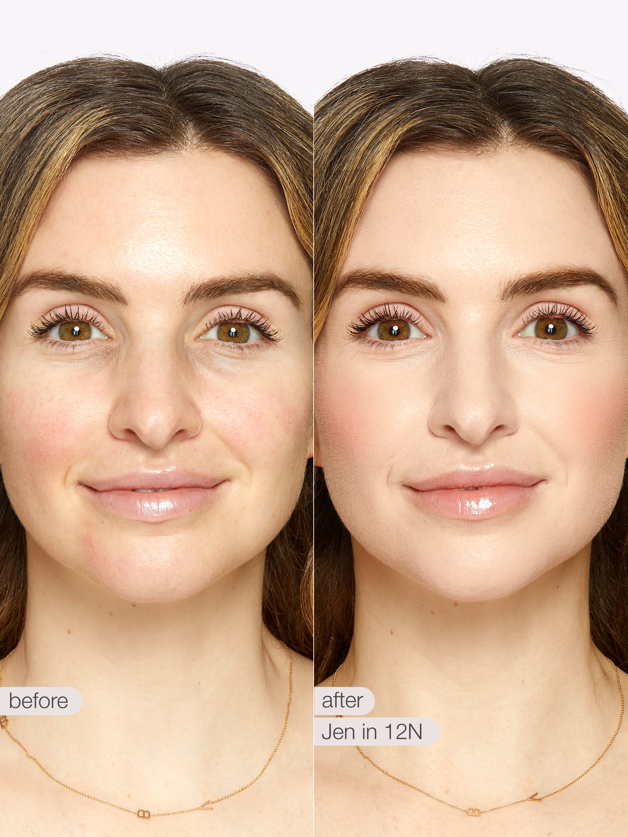 Before and after comparison of a woman's face with text indicating 'before' and 'after' with 'Jen in 12N'. using Tarte shape tape cloud coverage 