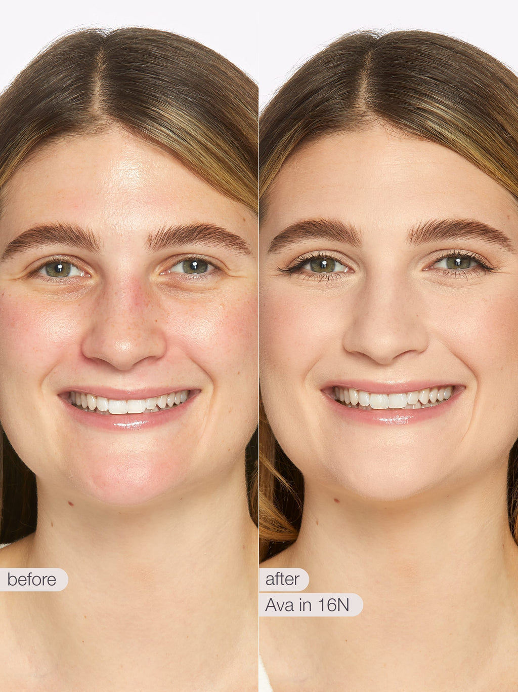Before and after comparison of a woman's face with cosmetic effects applied, labeled 'Ava in 16N'. using Tarte shape tape cloud coverage 