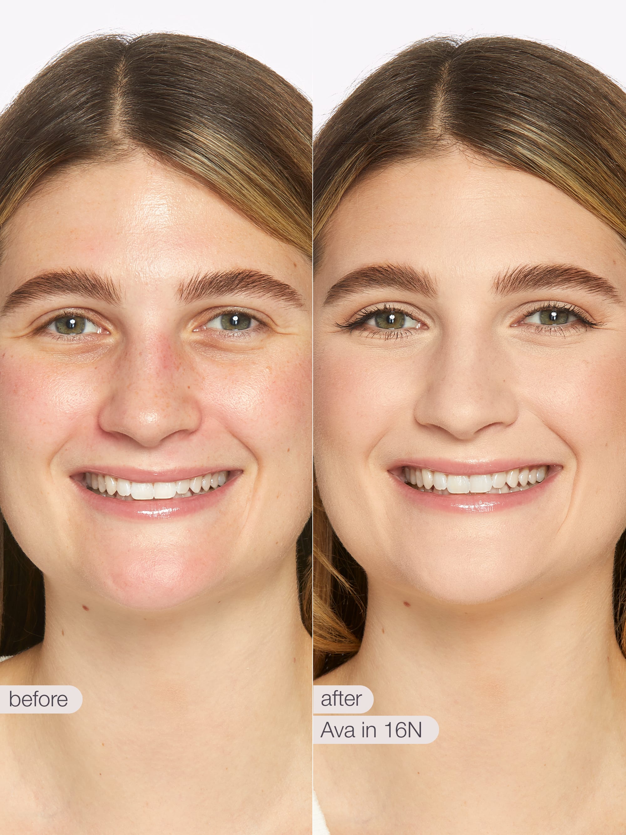 Before and after comparison of a woman's face with cosmetic effects applied, labeled 'Ava in 16N'. using Tarte shape tape cloud coverage 