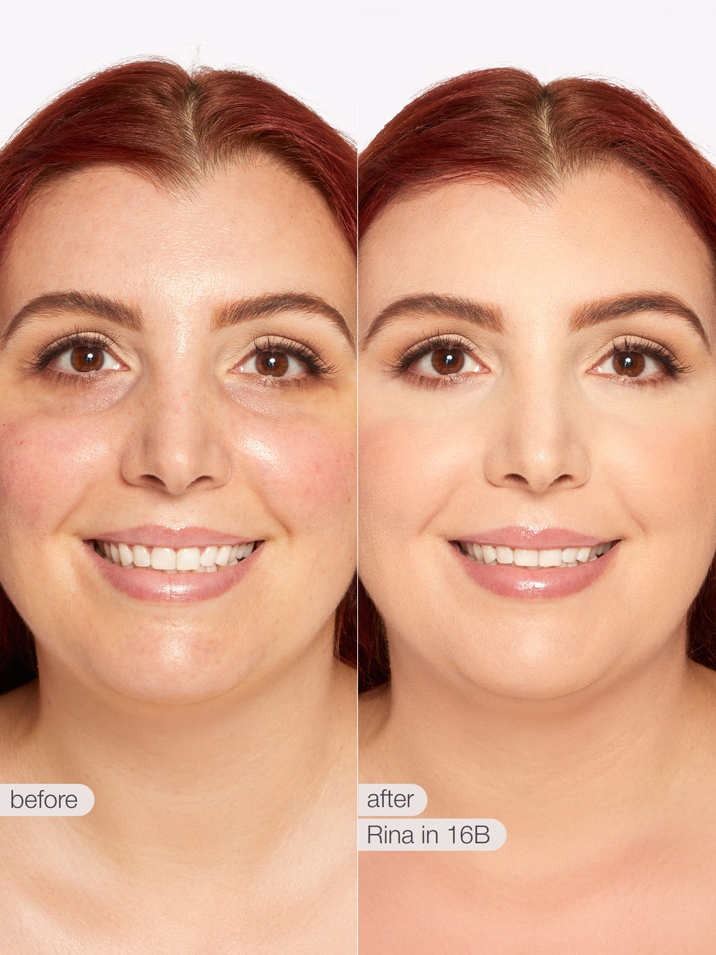 Before and after comparison of a woman's face with text indicating 'before' and 'after' and product name. using Tarte shape tape cloud coverage 