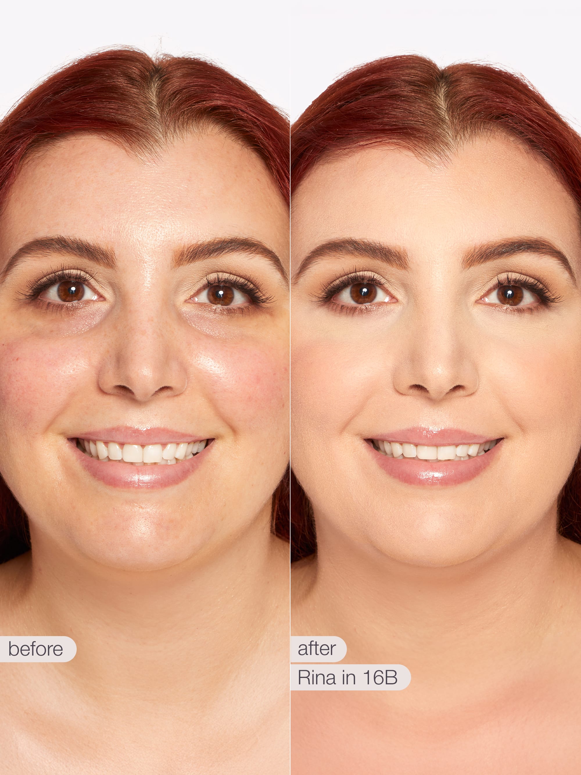 Before and after comparison of a woman's face with text indicating 'before' and 'after' and product name. using Tarte shape tape cloud coverage 