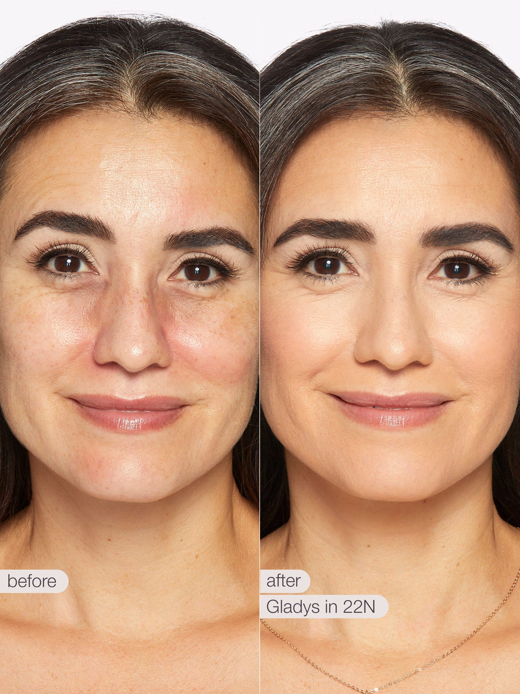 Before and after comparison of a woman's face with text indicating product name. using Tarte shape tape cloud coverage 
