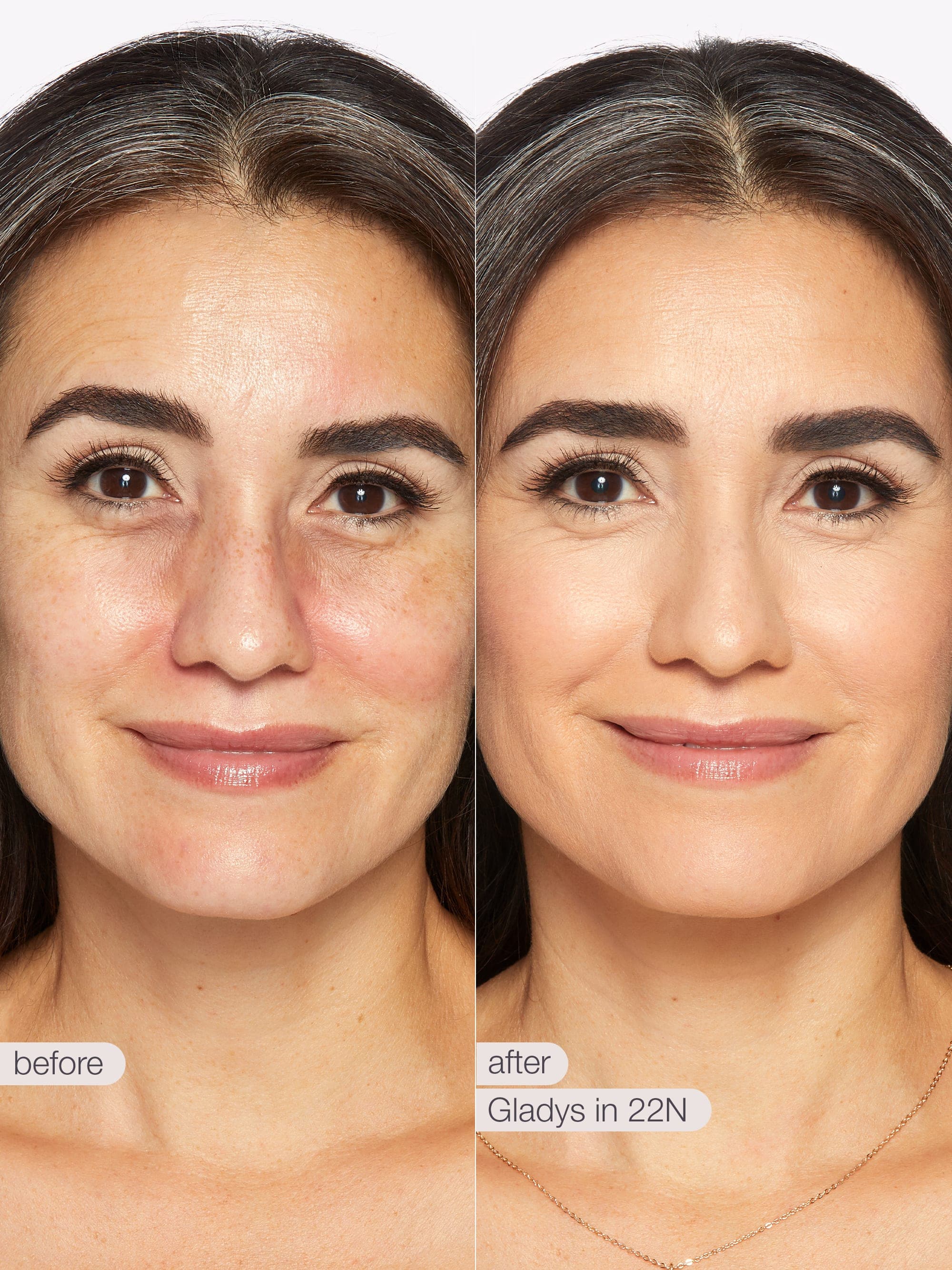 Before and after comparison of a woman's face with text indicating product name. using Tarte shape tape cloud coverage 