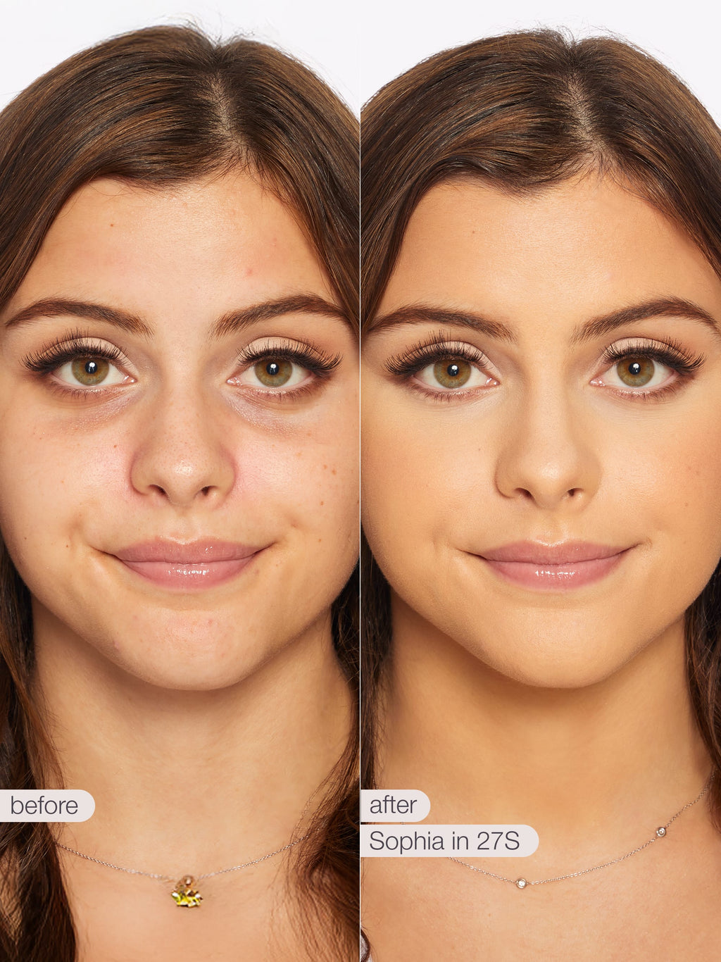 Before and after comparison of a woman's face with text indicating 'before' and 'after' with 'Sophia in 275'.using Tarte shape tape cloud coverage 