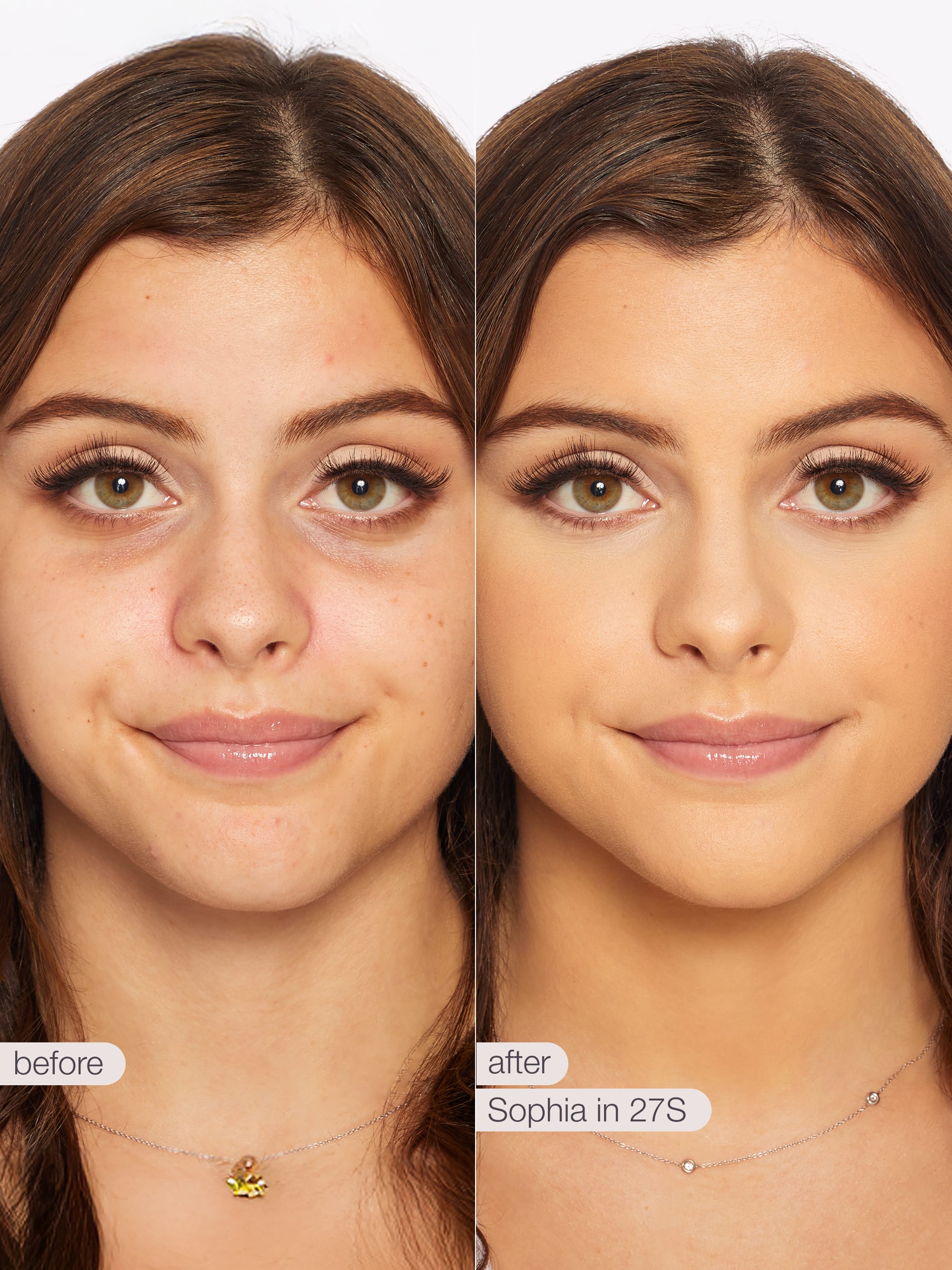 Before and after comparison of a woman's face with text indicating 'before' and 'after' with 'Sophia in 275'.using Tarte shape tape cloud coverage 