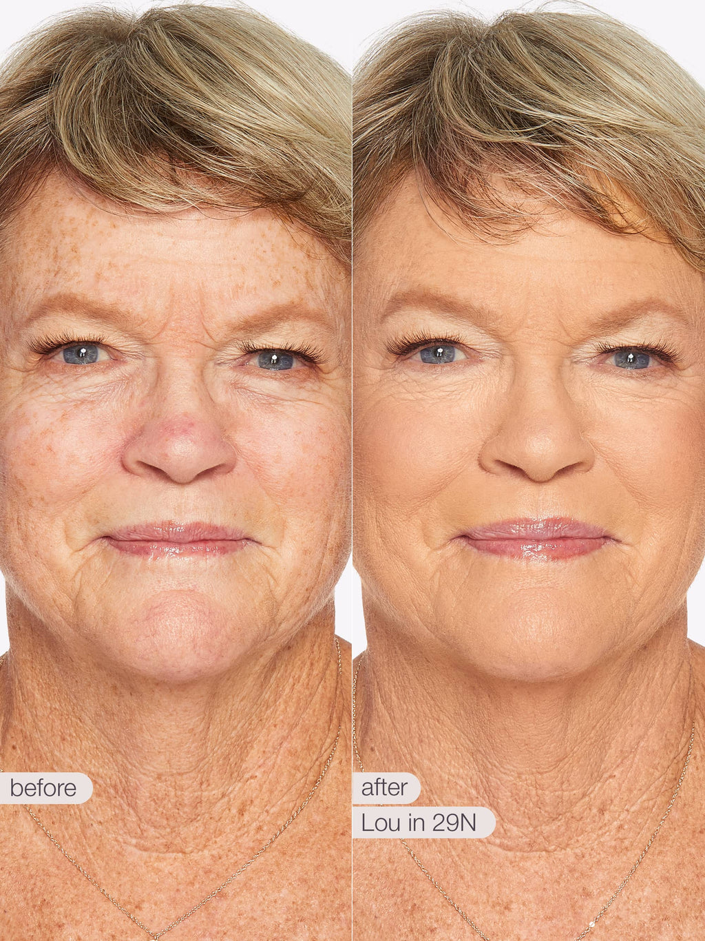Before and after comparison of a woman's face with visible skin texture differences. using Tarte shape tape cloud coverage 