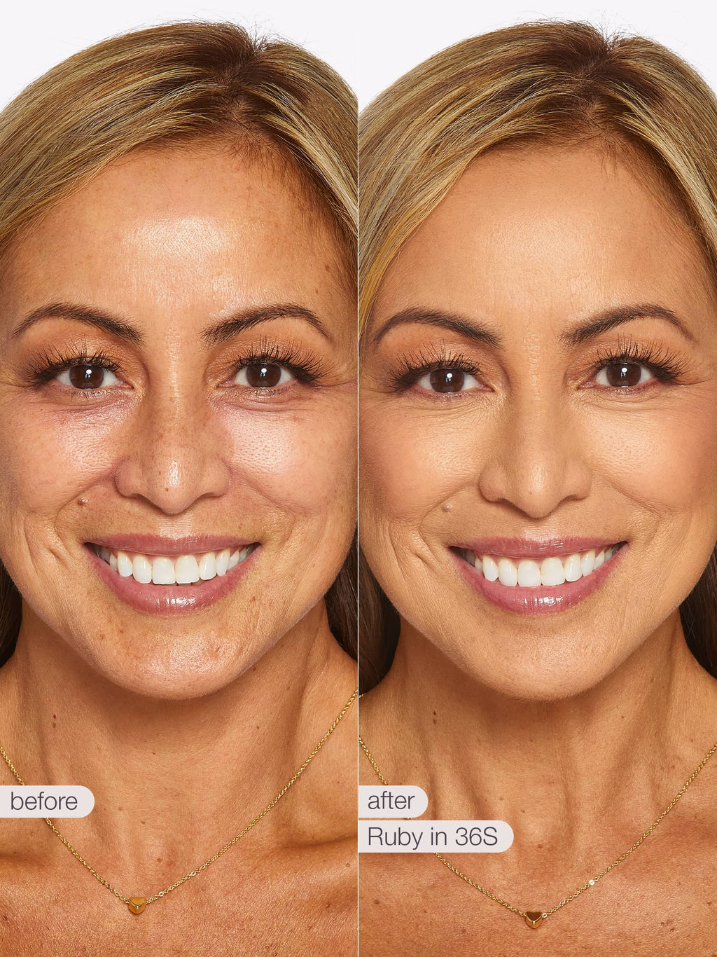 Before and after comparison of a woman's face with visible skin texture improvement, wearing a necklace. using Tarte shape tape cloud coverage 