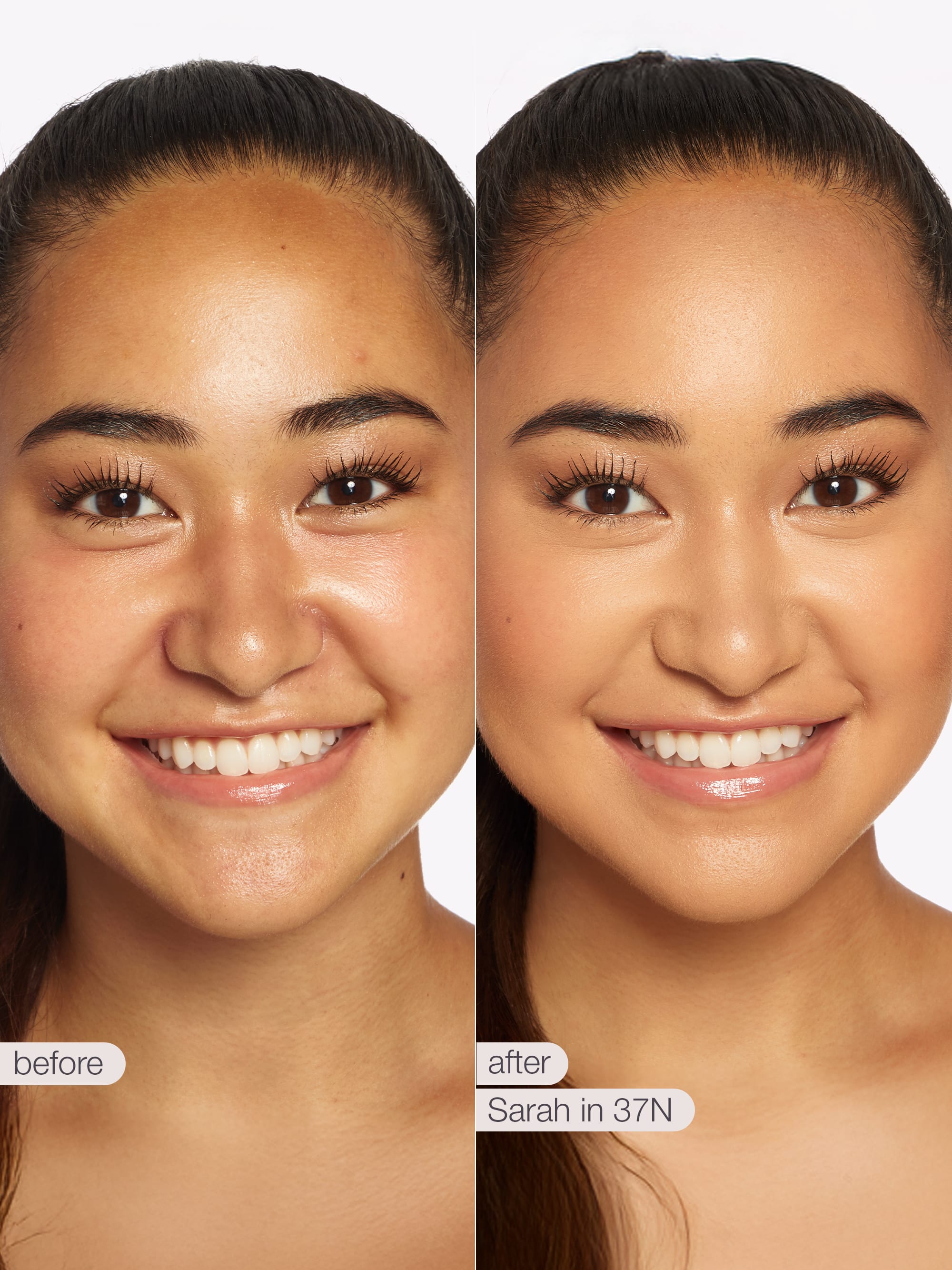 Before and after comparison of a woman's face with text indicating 'before' and 'after' on a white background.  using Tarte shape tape cloud coverage 
