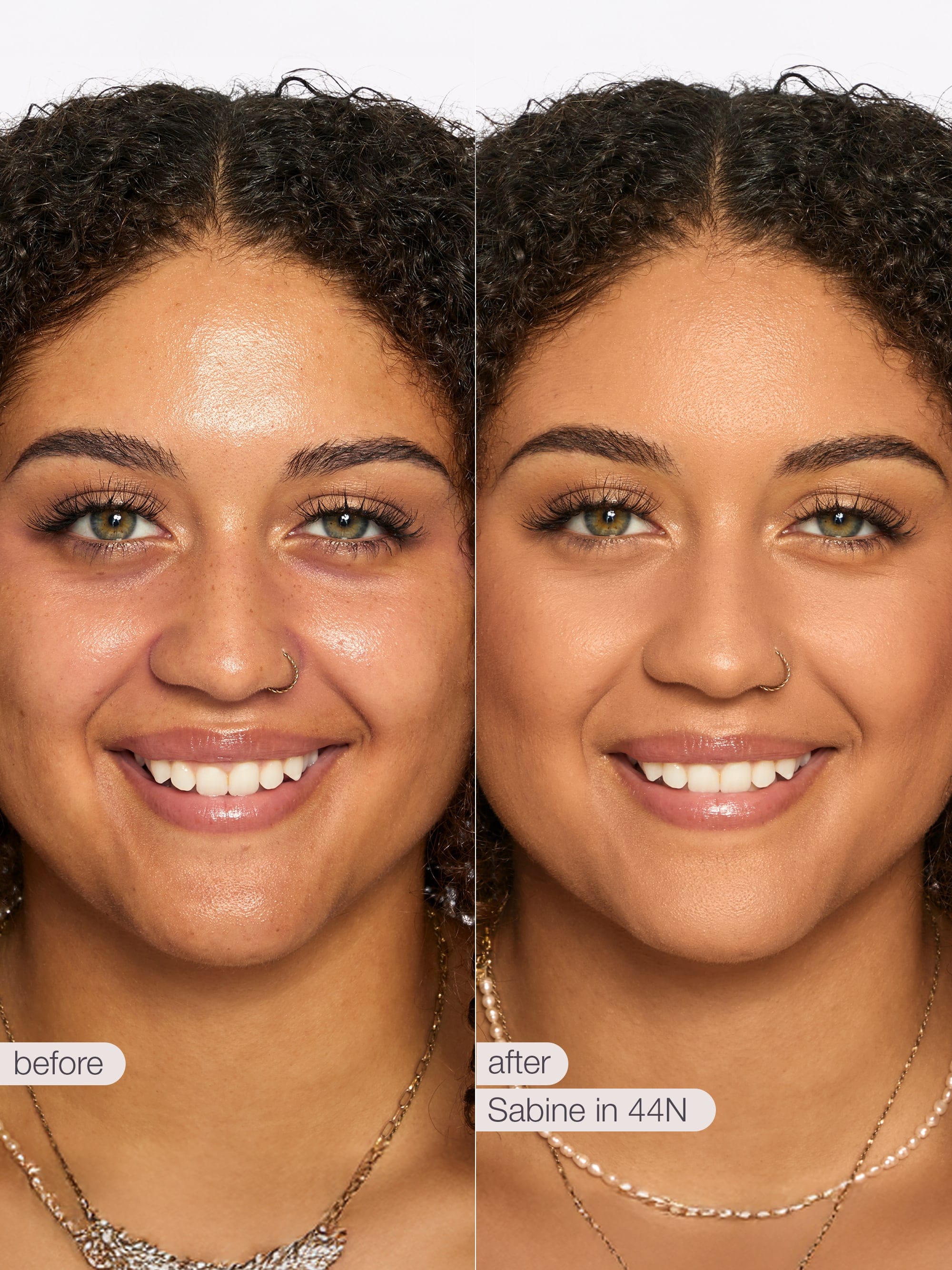 Before and after comparison of a woman's face with makeup application, showing a necklace detail. using Tarte shape tape cloud coverage 