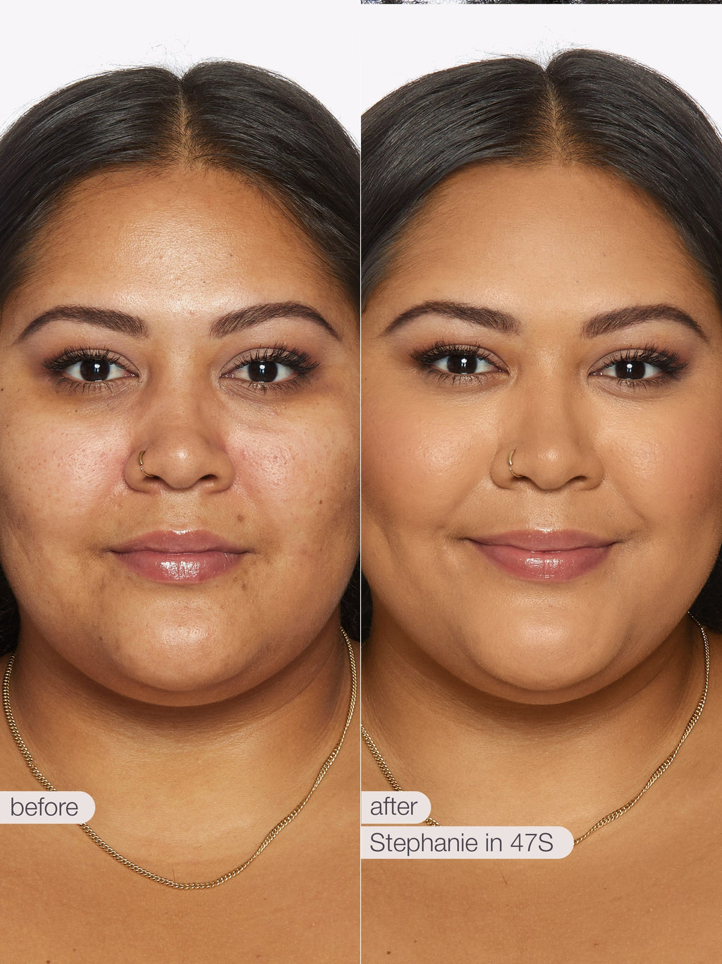 Before and after comparison of a woman's face with text indicating the name 'Stephanie' and size '47S'. using Tarte shape tape cloud coverage 