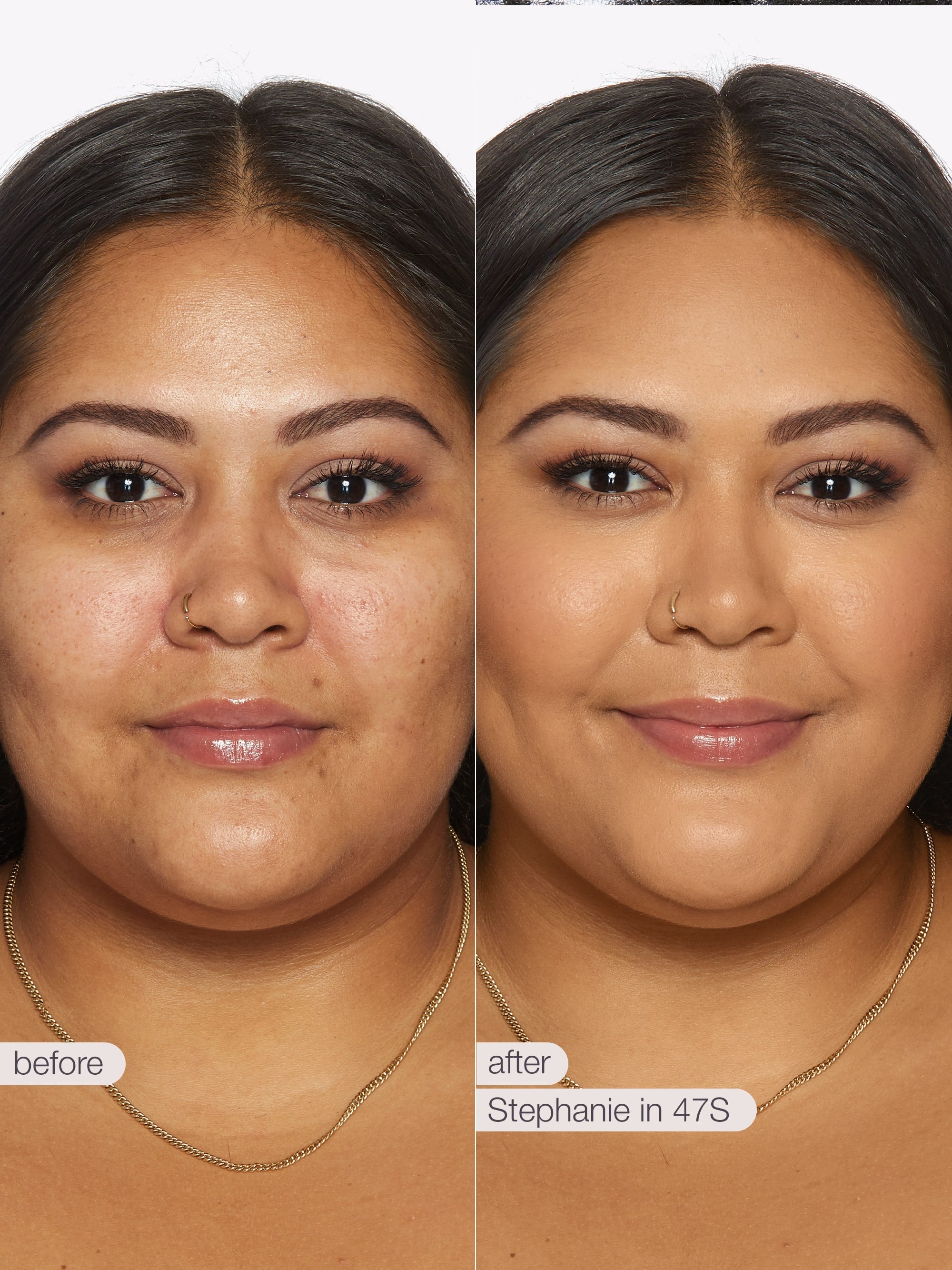 Before and after comparison of a woman's face with text indicating the name 'Stephanie' and size '47S'. using Tarte shape tape cloud coverage 