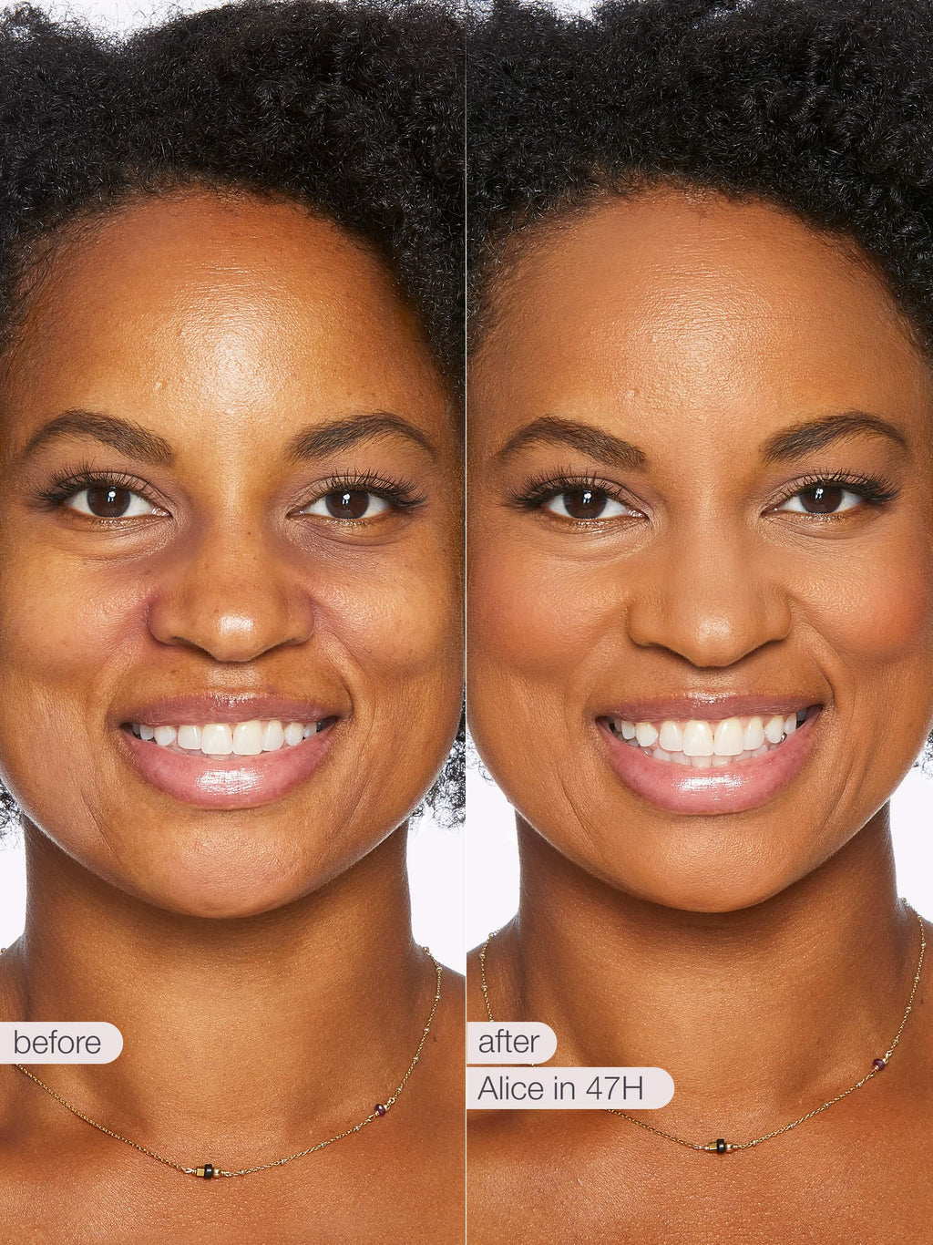Before and after comparison of a woman's face with visible skin improvement. using Tarte shape tape cloud coverage 