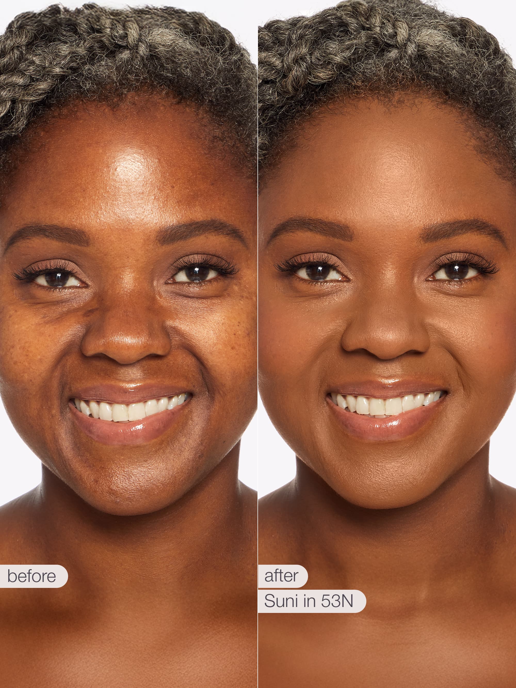 Before and after comparison of a woman's face with text indicating 'before' and 'after' and a color swatch. using Tarte shape tape cloud coverage 