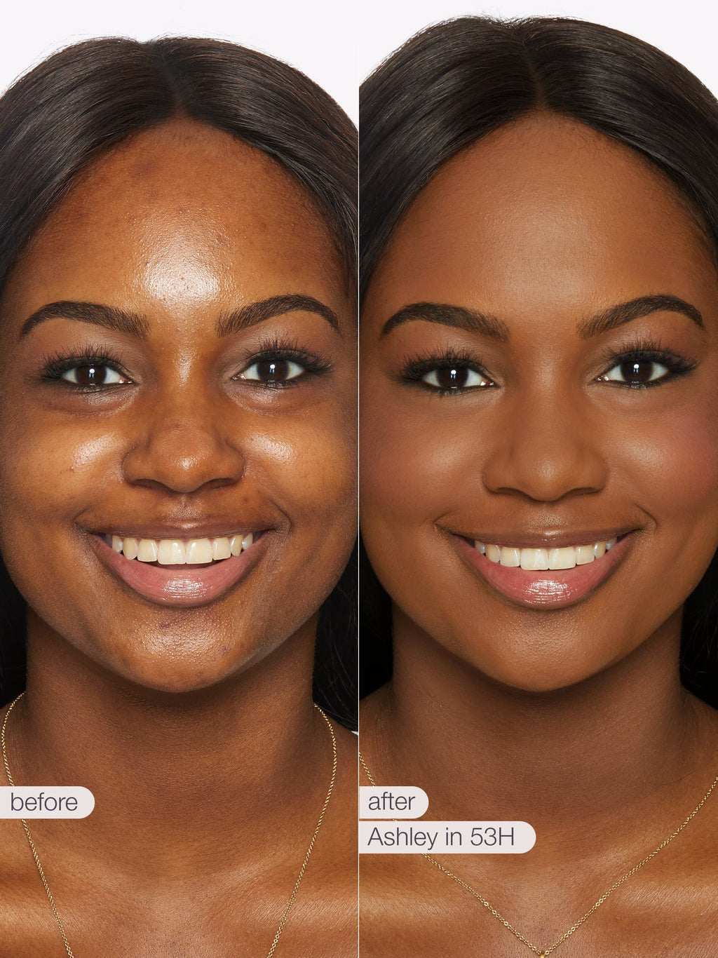 Before and after comparison of a woman's face with text indicating 'before' and 'after' and product name. using Tarte shape tape cloud coverage 