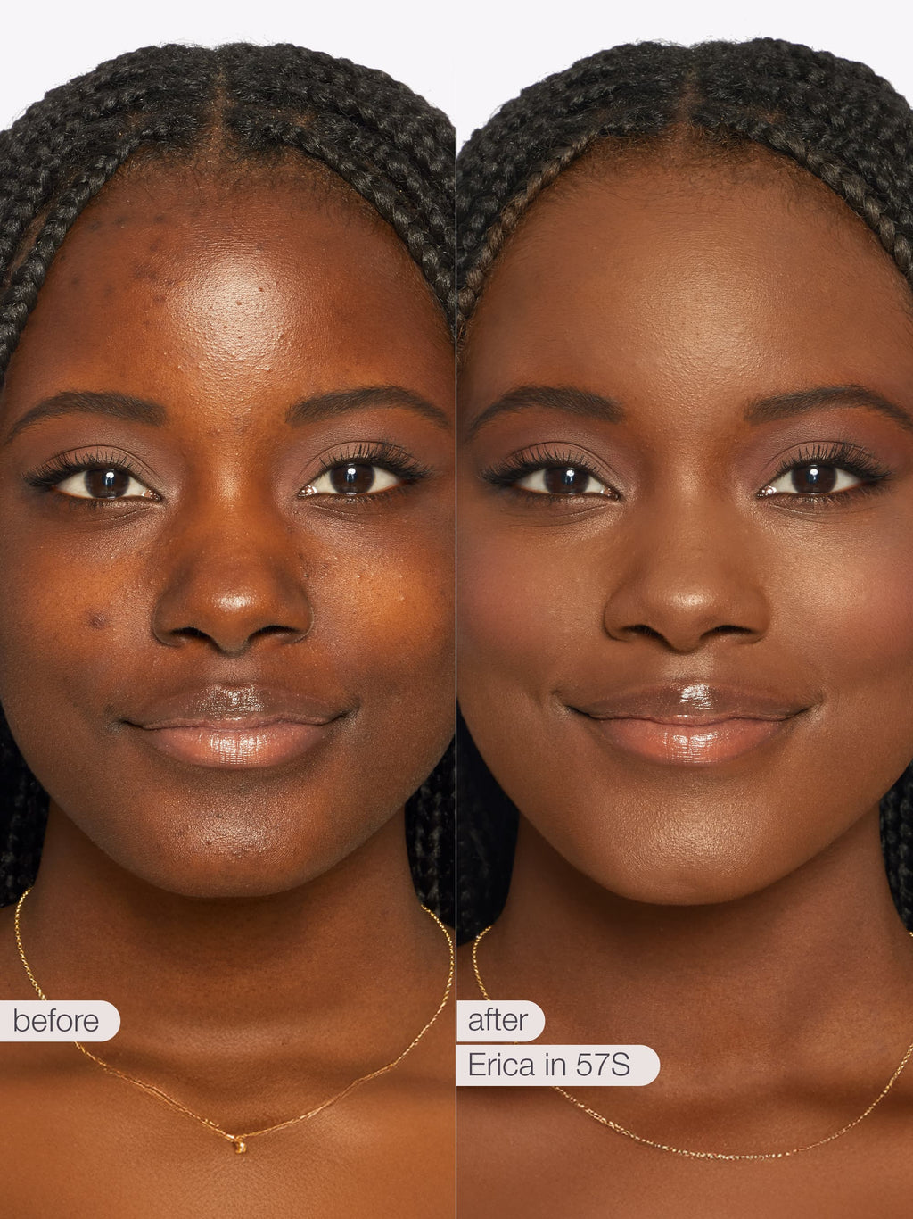 Before and after comparison of a woman's face with text indicating product name and shade. using Tarte shape tape cloud coverage 