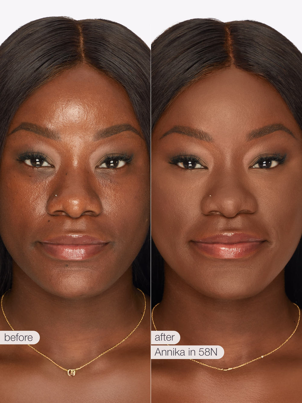 Before and after comparison of a woman's face with cosmetic application, wearing a gold necklace. using Tarte shape tape cloud coverage 
