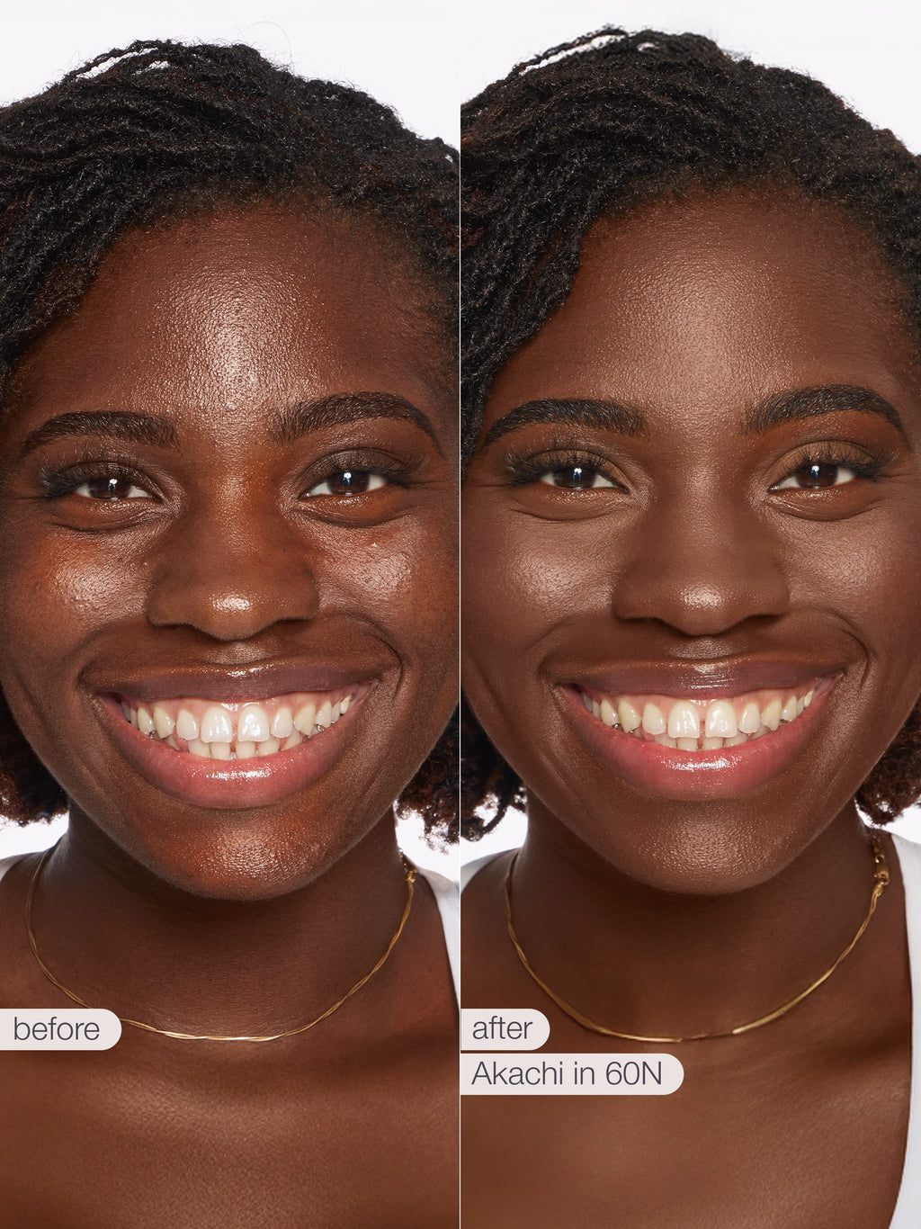 Before and after comparison of a woman's face with Akachi in 60N makeup. using Tarte shape tape cloud coverage 