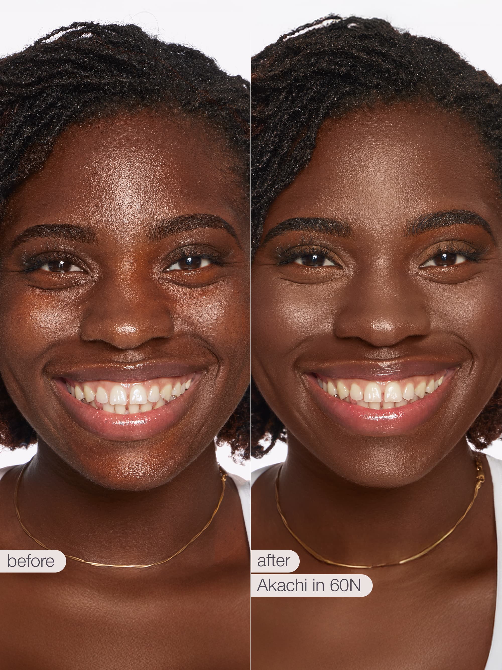 Before and after comparison of a woman's face with Akachi in 60N makeup. using Tarte shape tape cloud coverage 