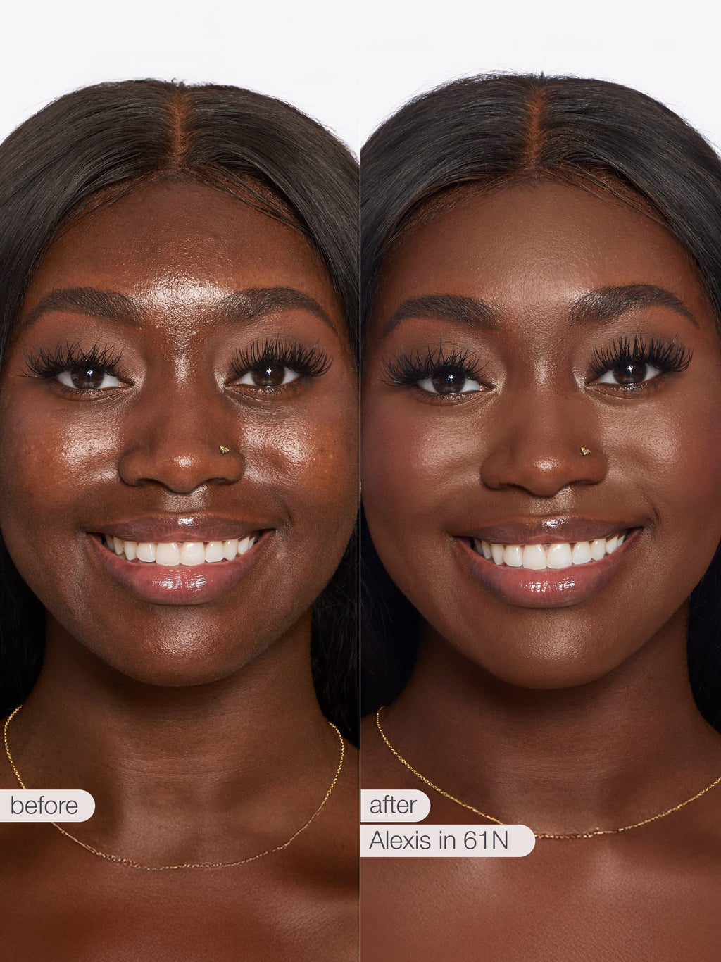 Before and after comparison of a woman's face with makeup labeled 'Alexis in 61N'. using Tarte shape tape cloud coverage 