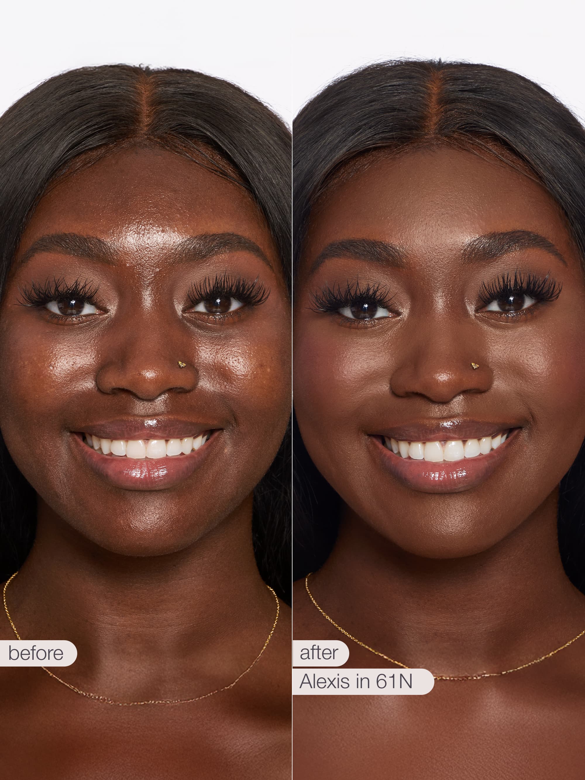 Before and after comparison of a woman's face with makeup labeled 'Alexis in 61N'. using Tarte shape tape cloud coverage 