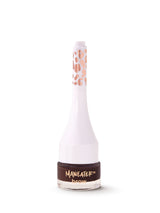 White bottle with brown label on a white background