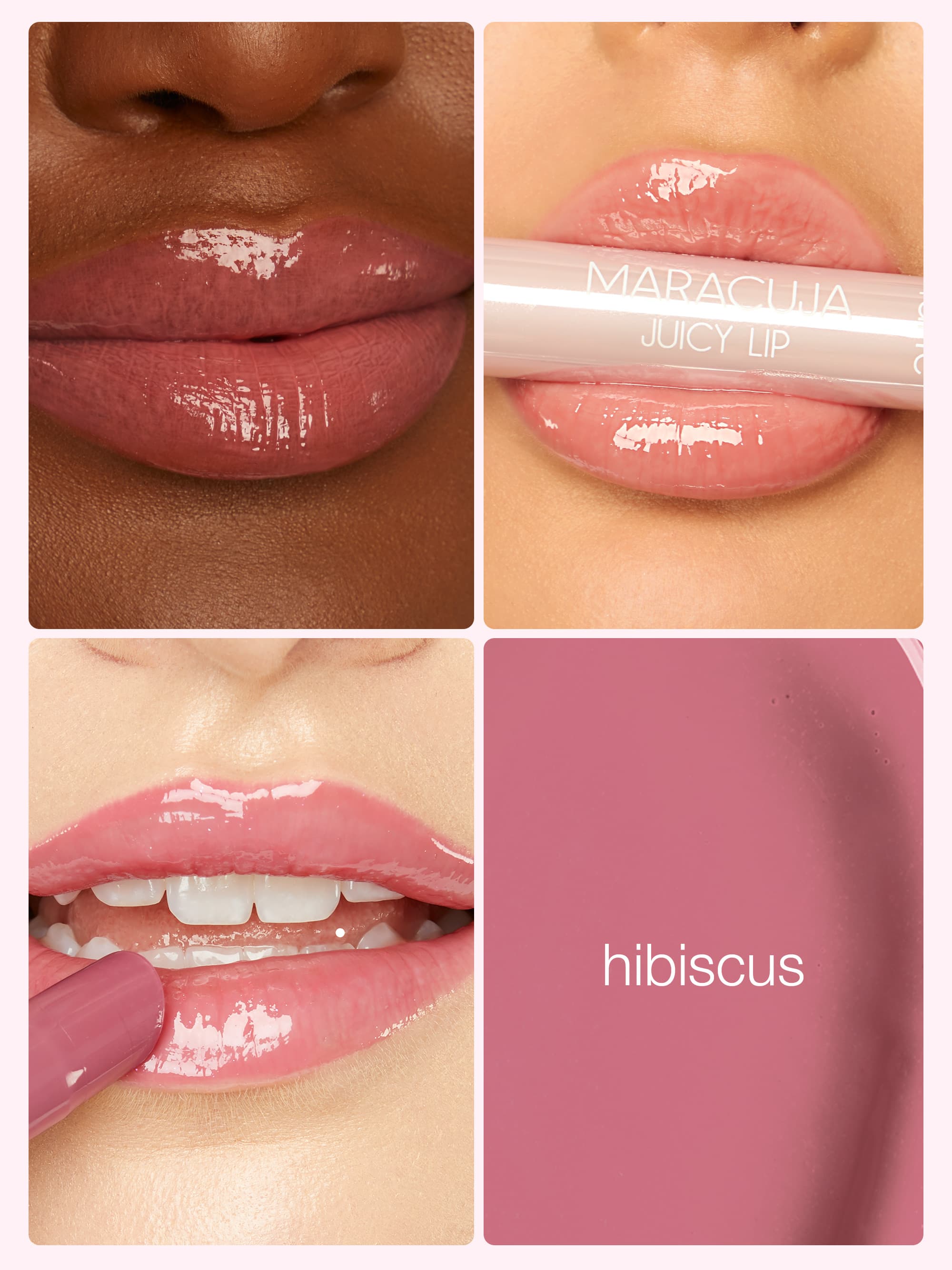 Collage of a lip product with close-up shots on lips and a swatch of color.
