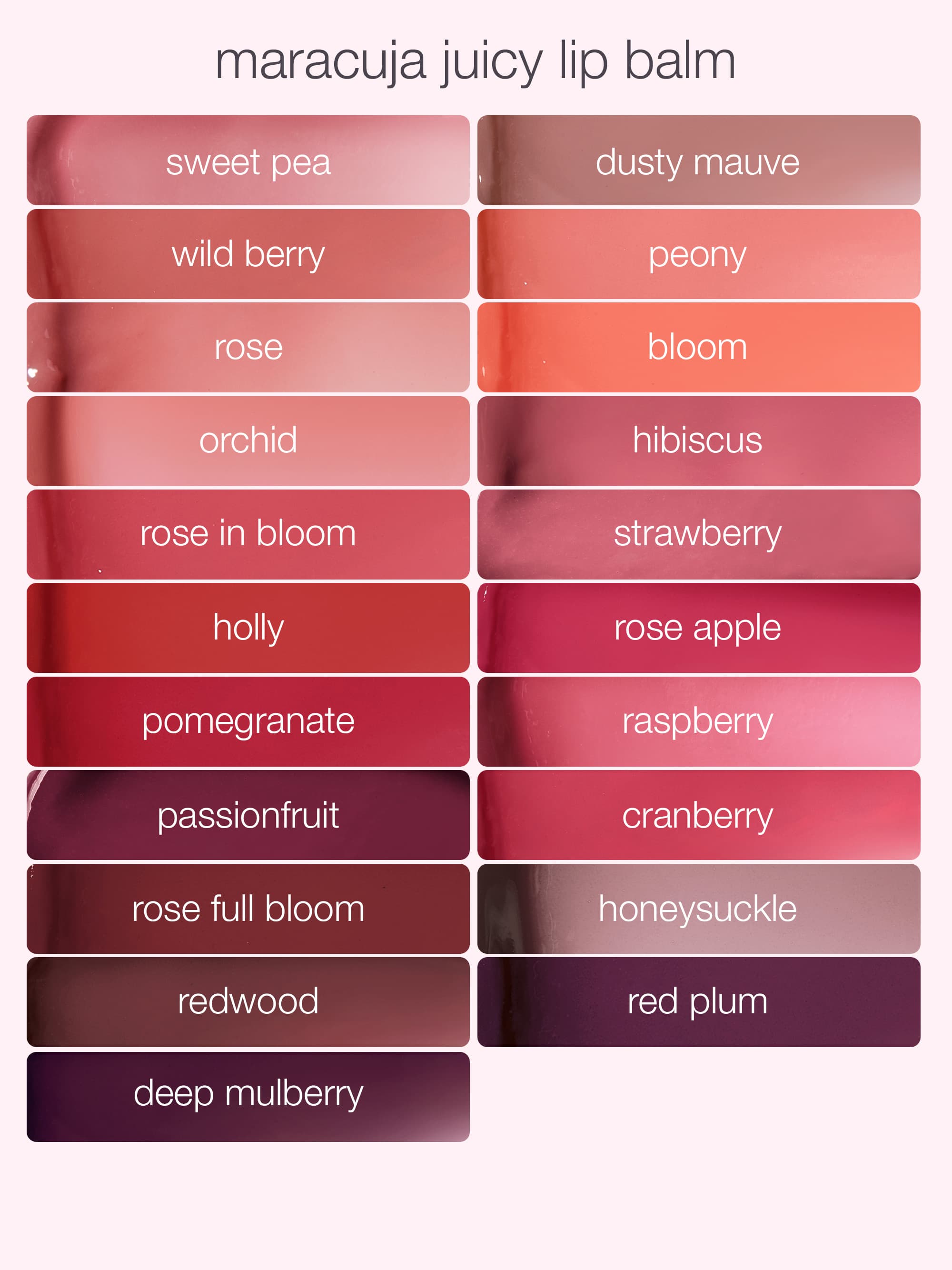Color swatches of maracuja juicy lip balm with names on a white background