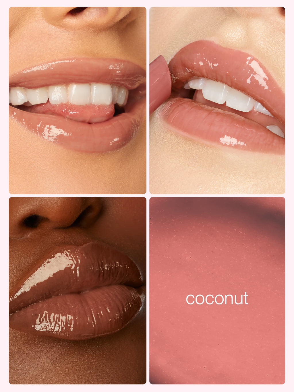 Collage of lips with different shades of lip gloss and a close-up of a pink shade labeled 'coconut'.