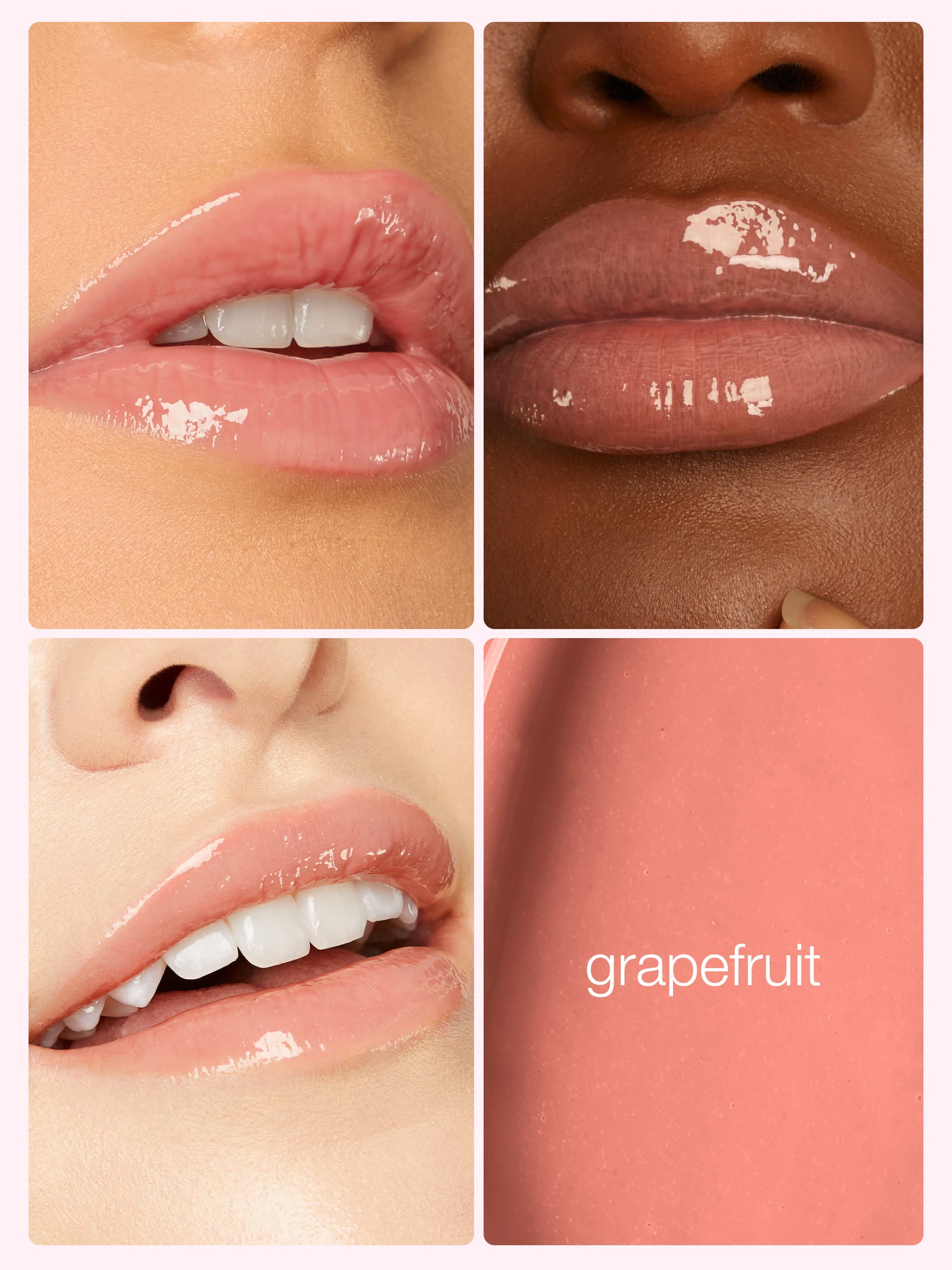Collage of lips with a close-up of 'grapefruit' shade on a pink background