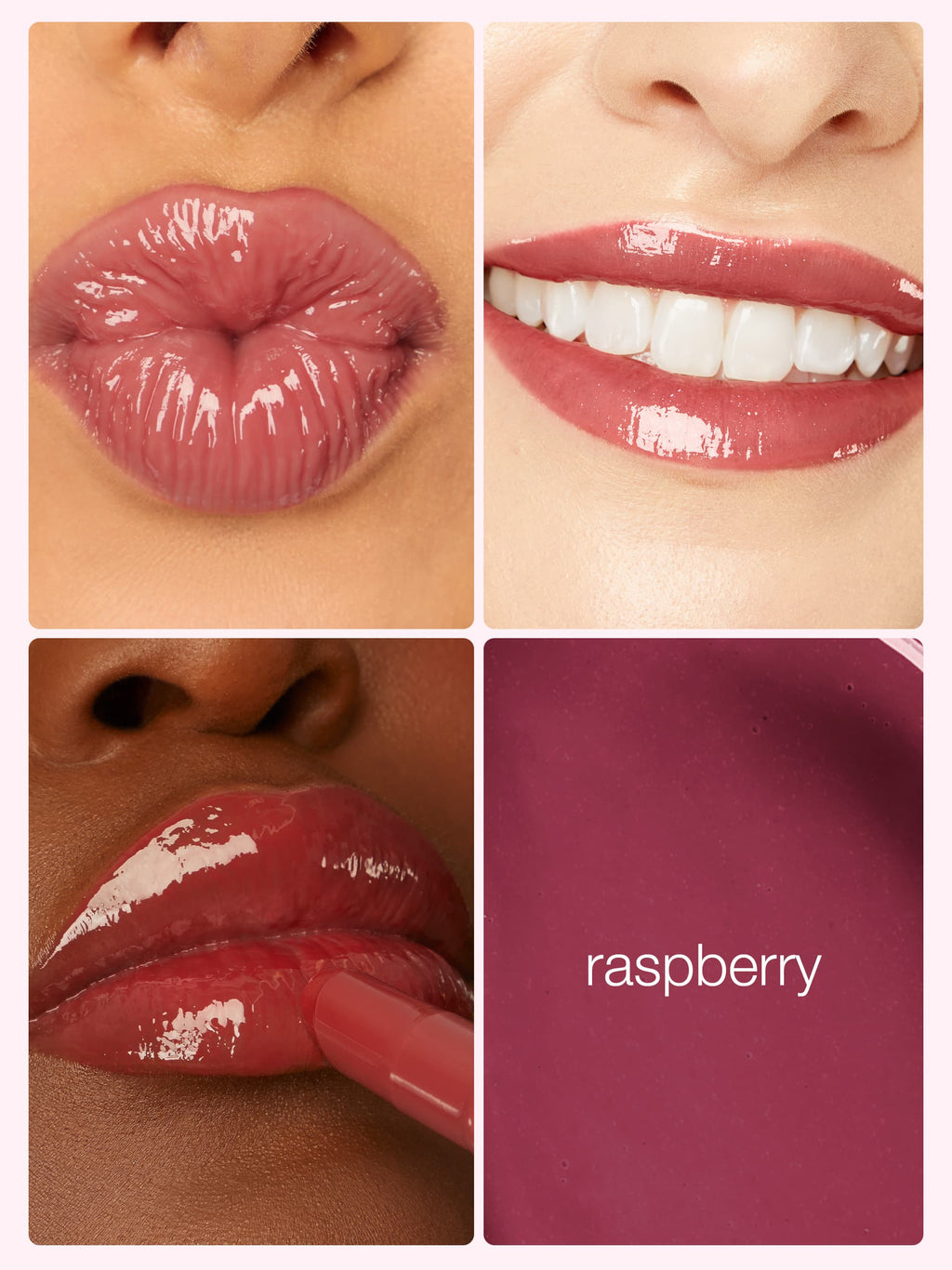 Lipstick shade swatch labeled 'raspberry' on a white background